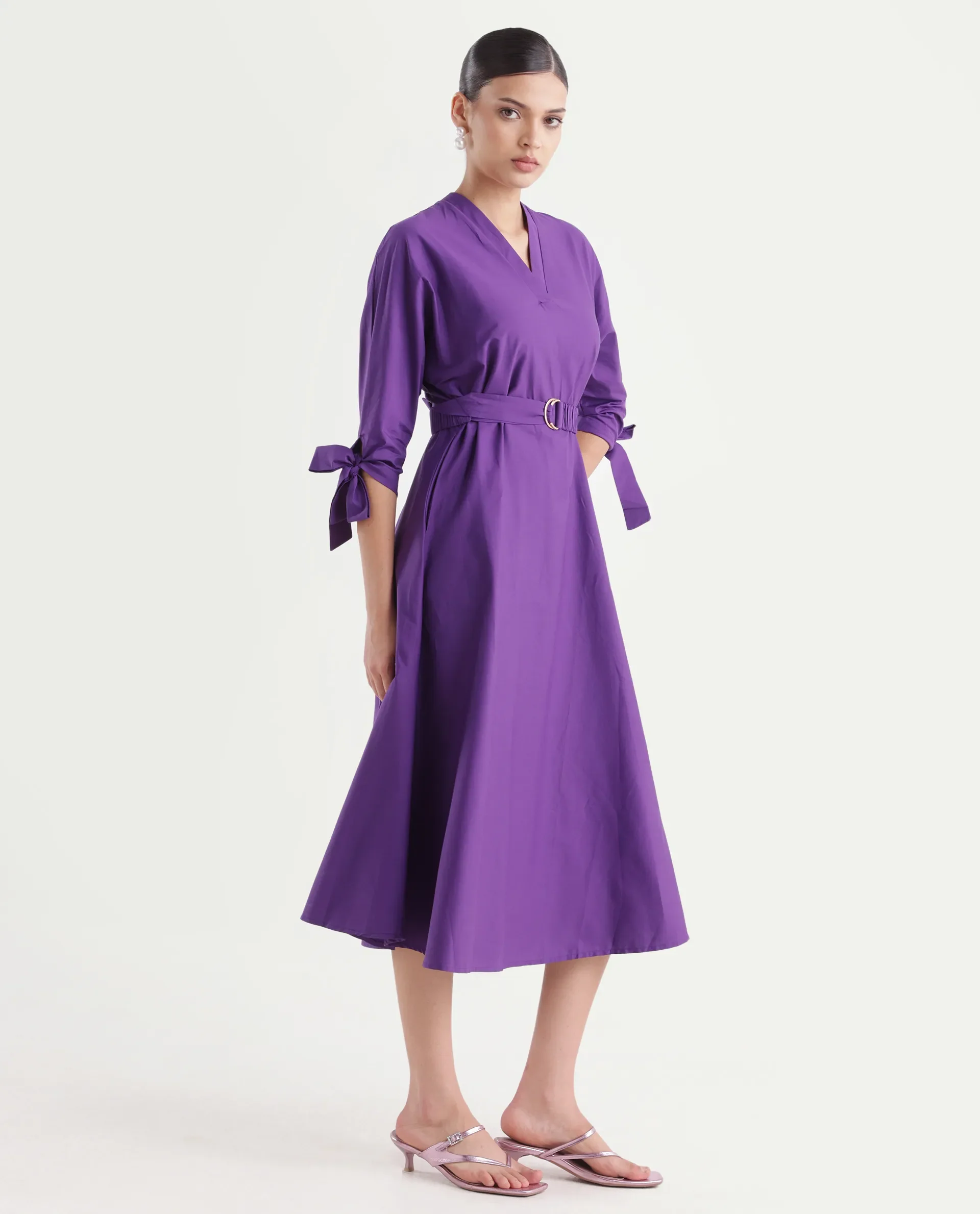 Rareism Women's Buyn Purple Cotton Blend V-Neck Plain Tie Up Sleeve Midi Flared Dress - Image 3