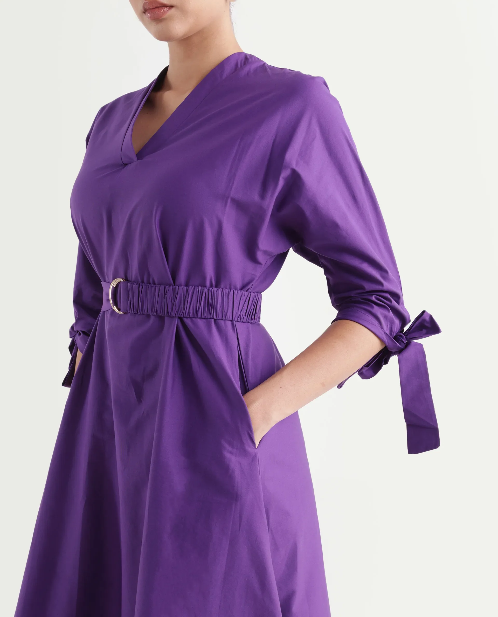 Rareism Women's Buyn Purple Cotton Blend V-Neck Plain Tie Up Sleeve Midi Flared Dress - Image 4