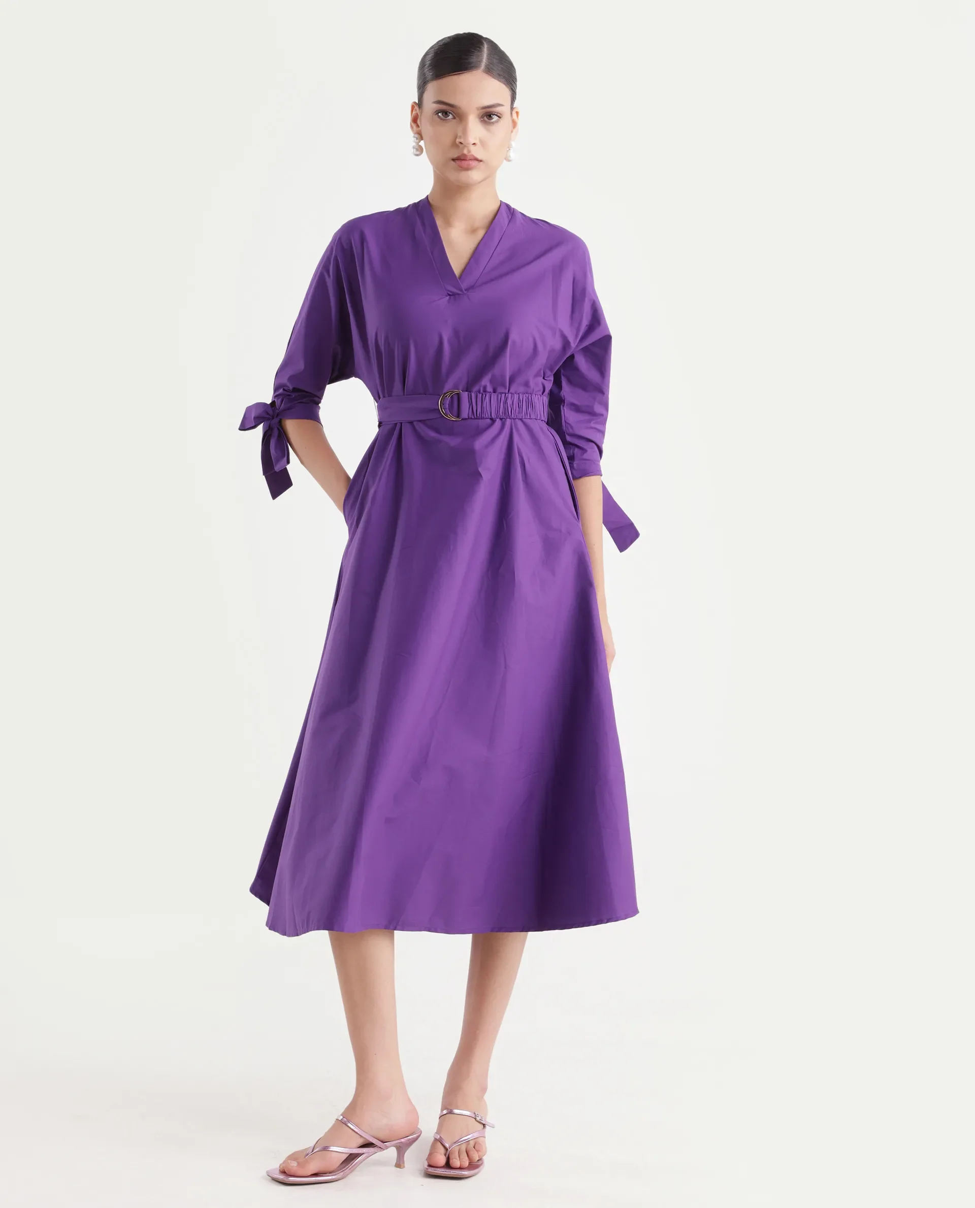 Rareism Women's Buyn Purple Cotton Blend V-Neck Plain Tie Up Sleeve Midi Flared Dress - Image 5