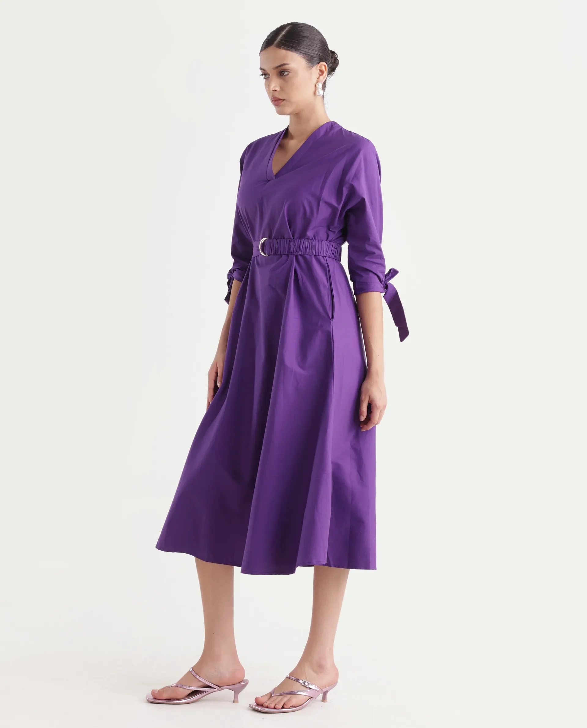 Rareism Women's Buyn Purple Cotton Blend V-Neck Plain Tie Up Sleeve Midi Flared Dress - Image 6