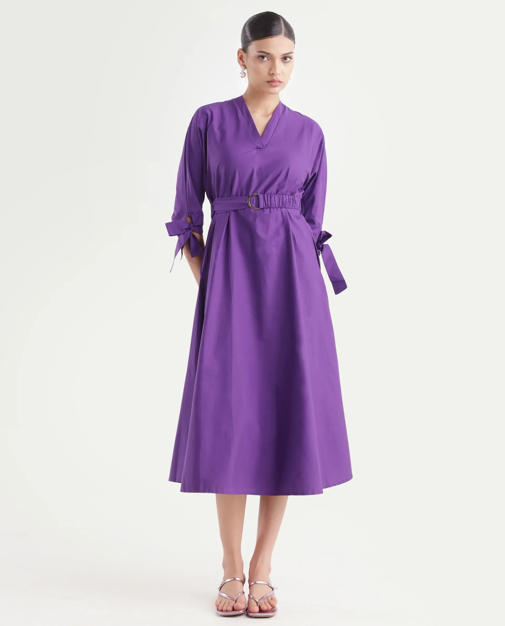 Rareism Women's Buyn Purple Cotton Blend V-Neck Plain Tie Up Sleeve Midi Flared Dress - Image 7