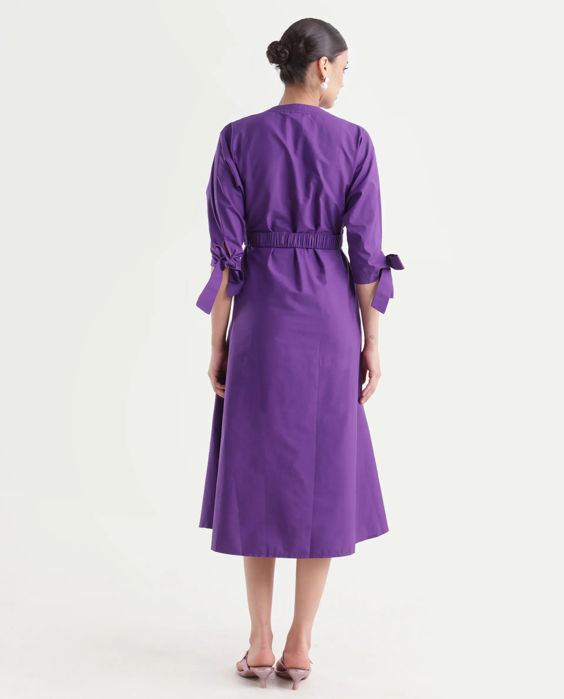 Rareism Women's Buyn Purple Cotton Blend V-Neck Plain Tie Up Sleeve Midi Flared Dress - Image 8