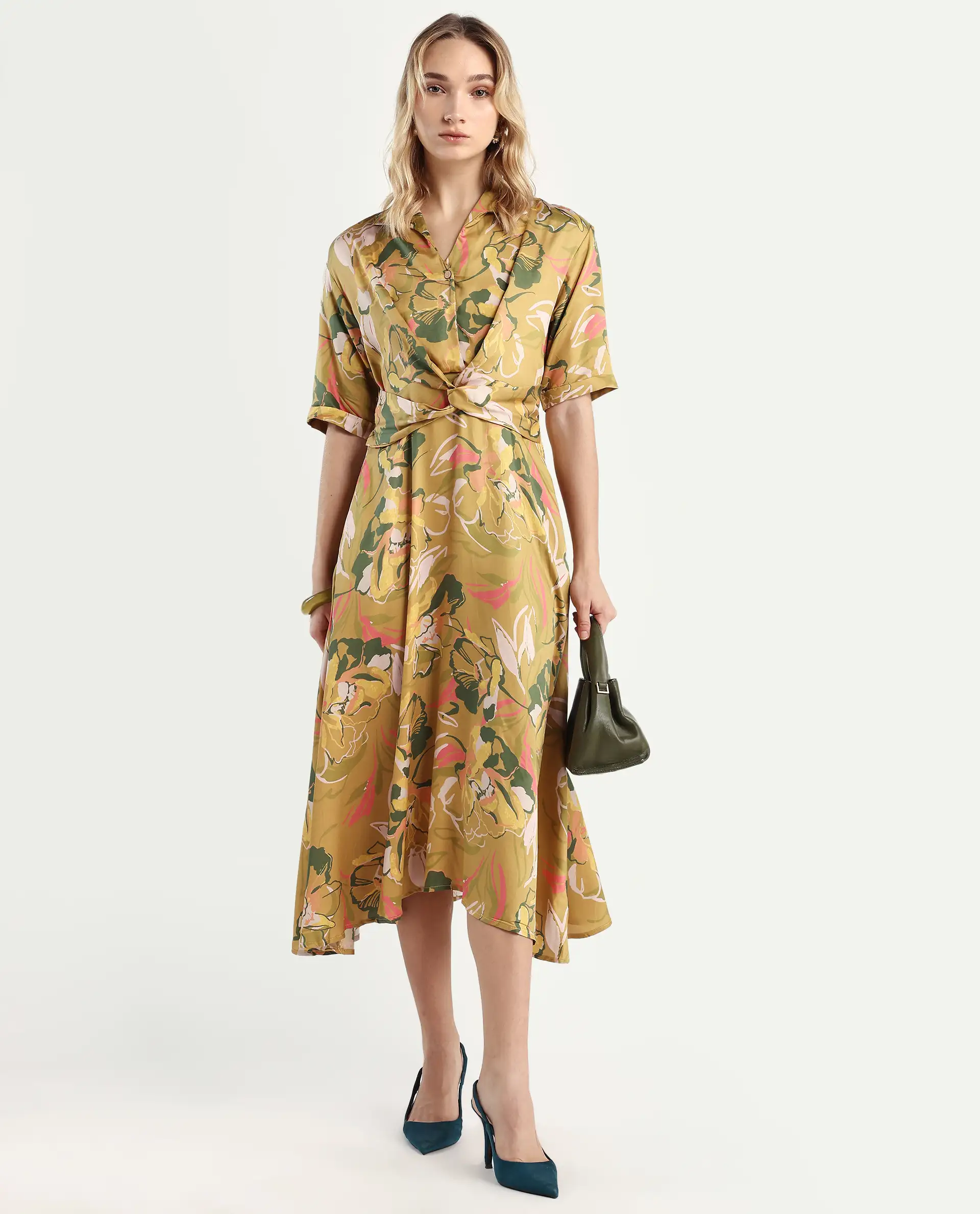 Rareism Women's Buzhip Multi Cotton Blend Drop Collar Floral Print Midi Fit And Flare Dress