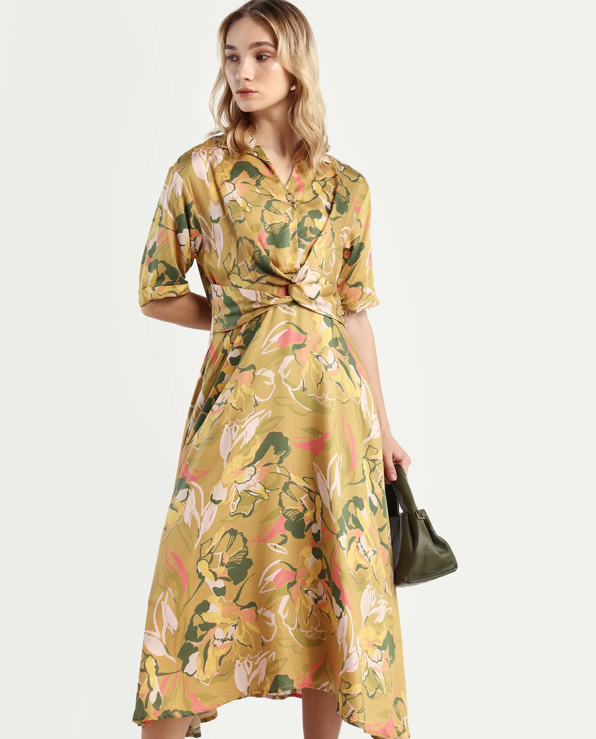 Rareism Women's Buzhip Multi Cotton Blend Drop Collar Floral Print Midi Fit And Flare Dress - Image 3