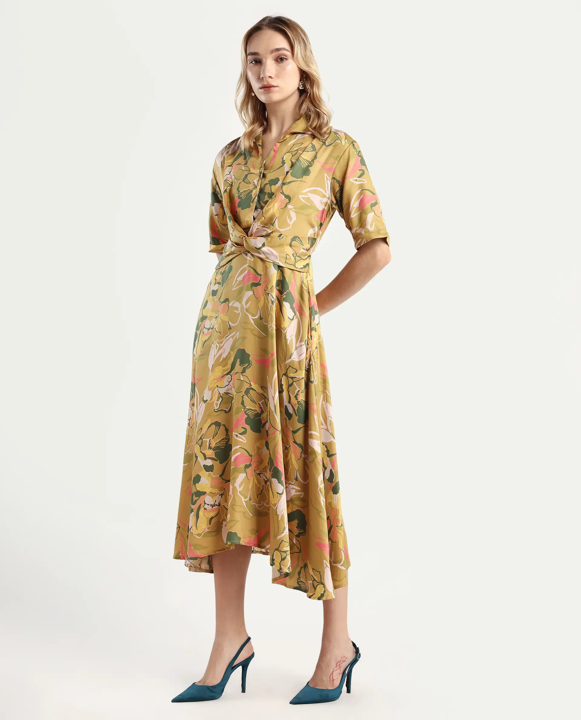 Rareism Women's Buzhip Multi Cotton Blend Drop Collar Floral Print Midi Fit And Flare Dress - Image 6