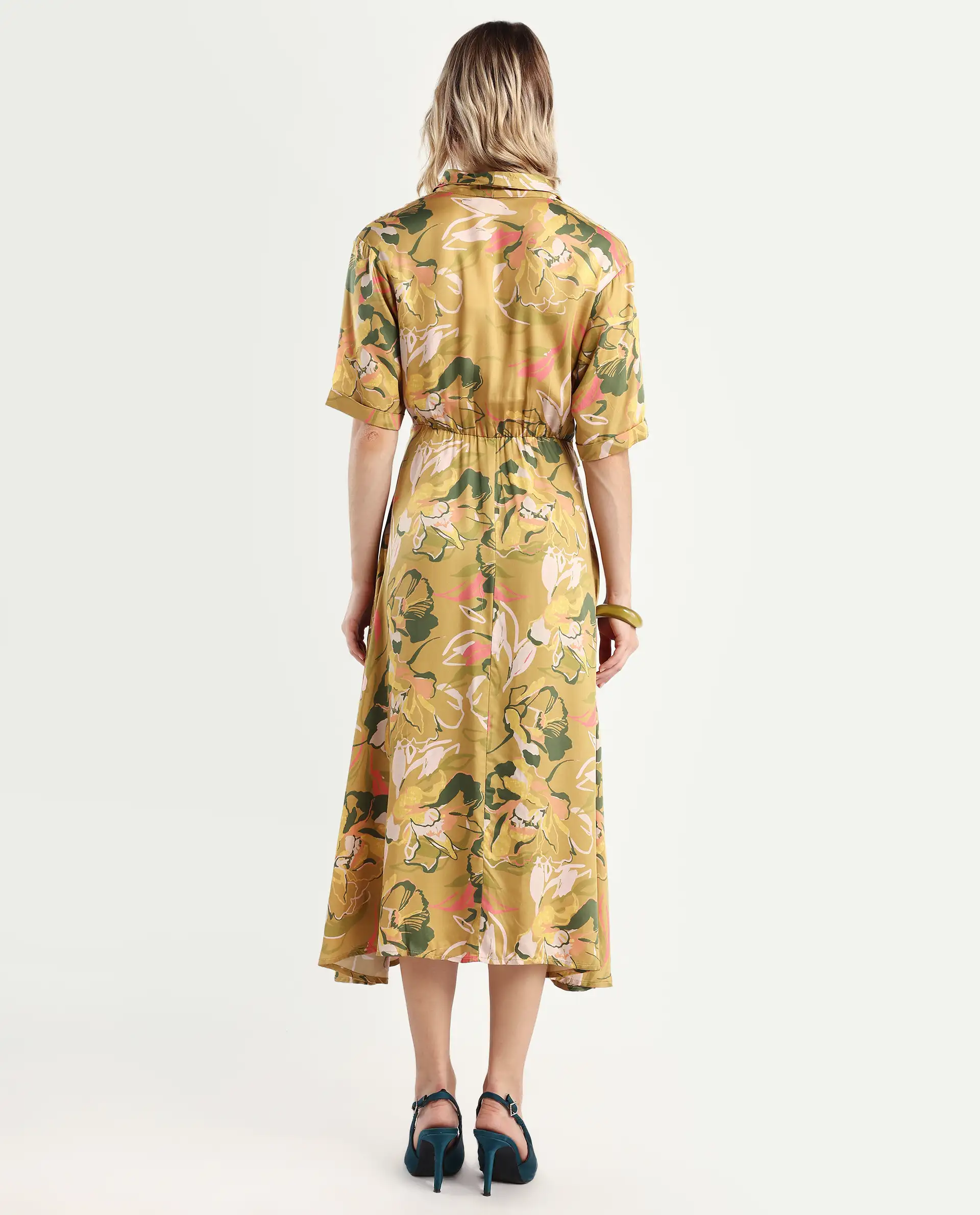 Rareism Women's Buzhip Multi Cotton Blend Drop Collar Floral Print Midi Fit And Flare Dress - Image 7