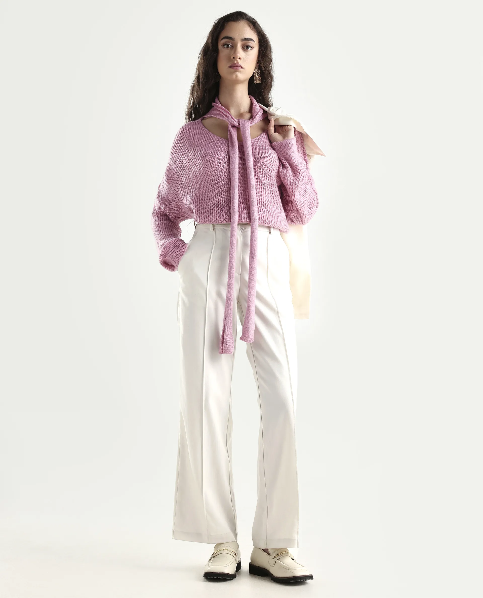 Rareism Women's Buzz Light Pink Acrylic Tie-Up Neck Plain Relaxed Fit Sweater - Image 2