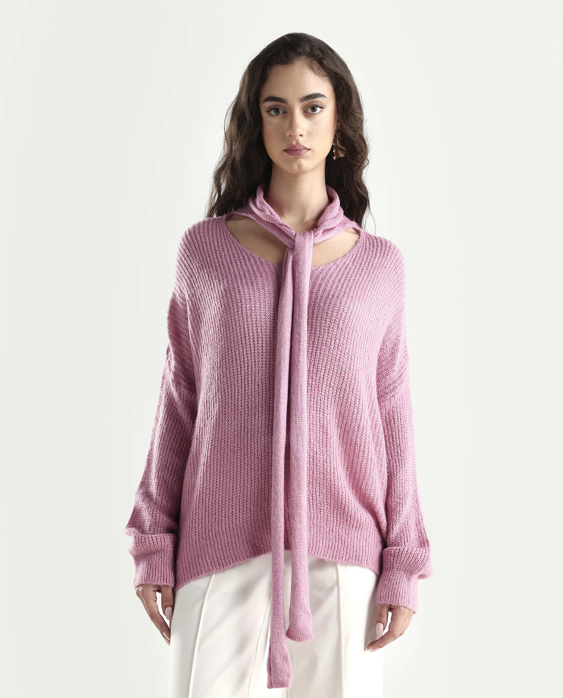 Rareism Women's Buzz Light Pink Acrylic Tie-Up Neck Plain Relaxed Fit Sweater - Image 3