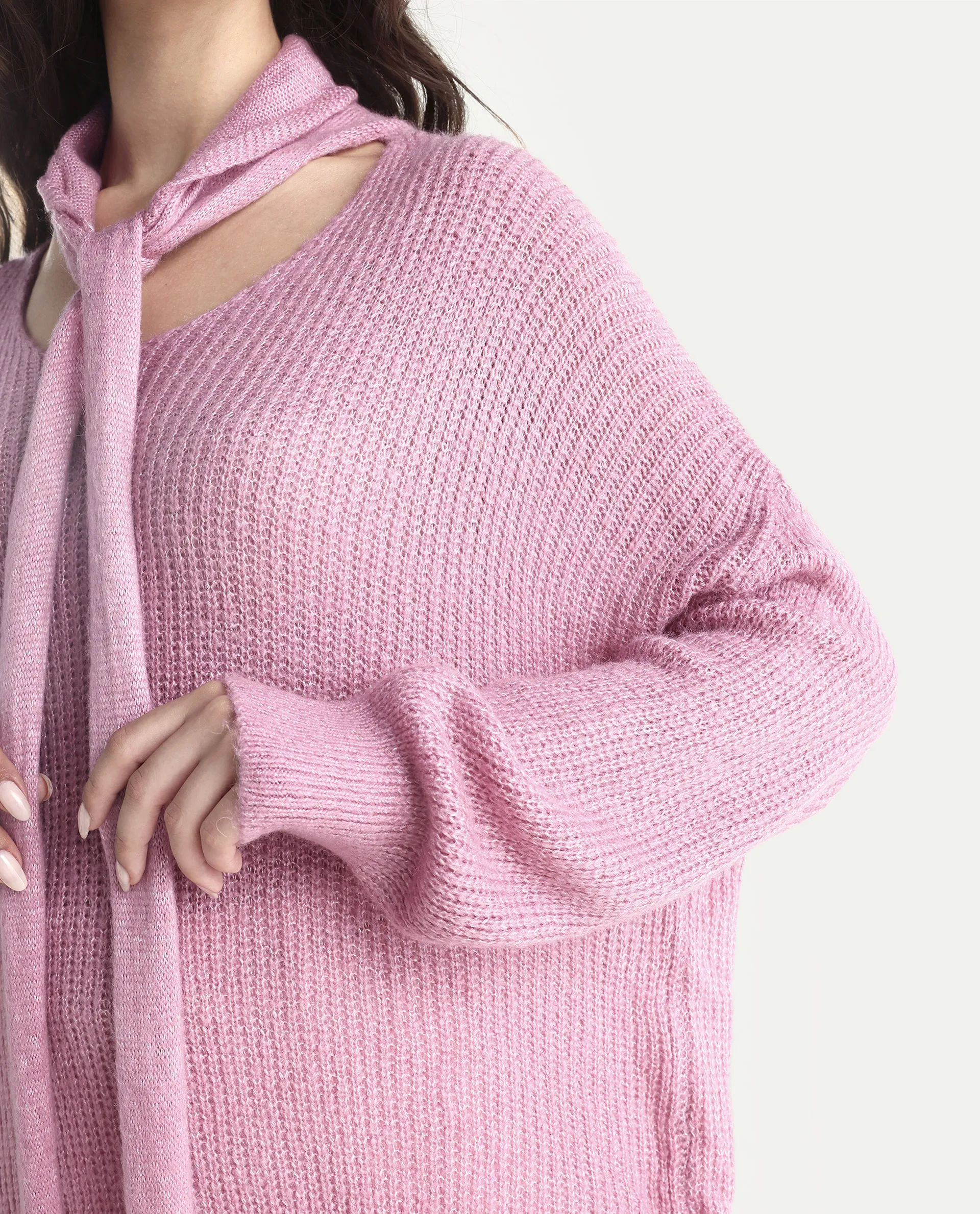 Rareism Women's Buzz Light Pink Acrylic Tie-Up Neck Plain Relaxed Fit Sweater - Image 4