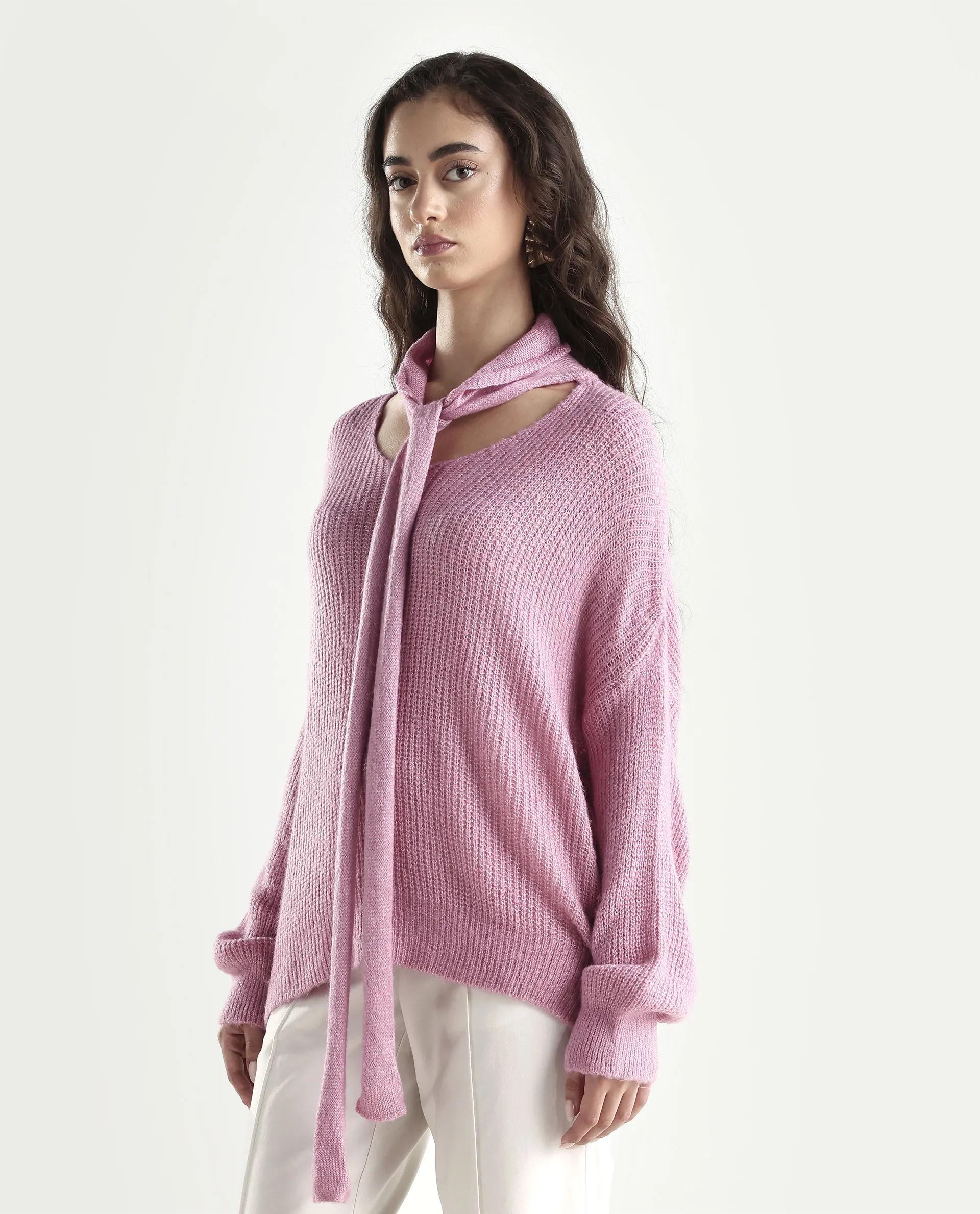 Rareism Women's Buzz Light Pink Acrylic Tie-Up Neck Plain Relaxed Fit Sweater - Image 5