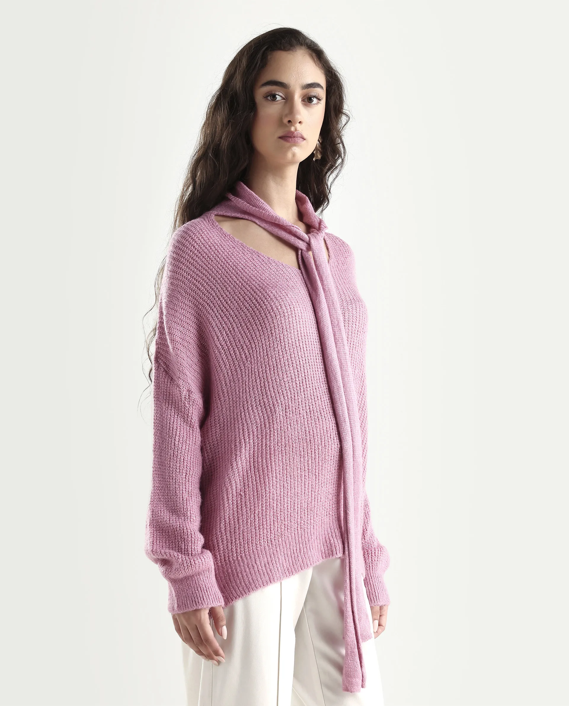 Rareism Women's Buzz Light Pink Acrylic Tie-Up Neck Plain Relaxed Fit Sweater - Image 6