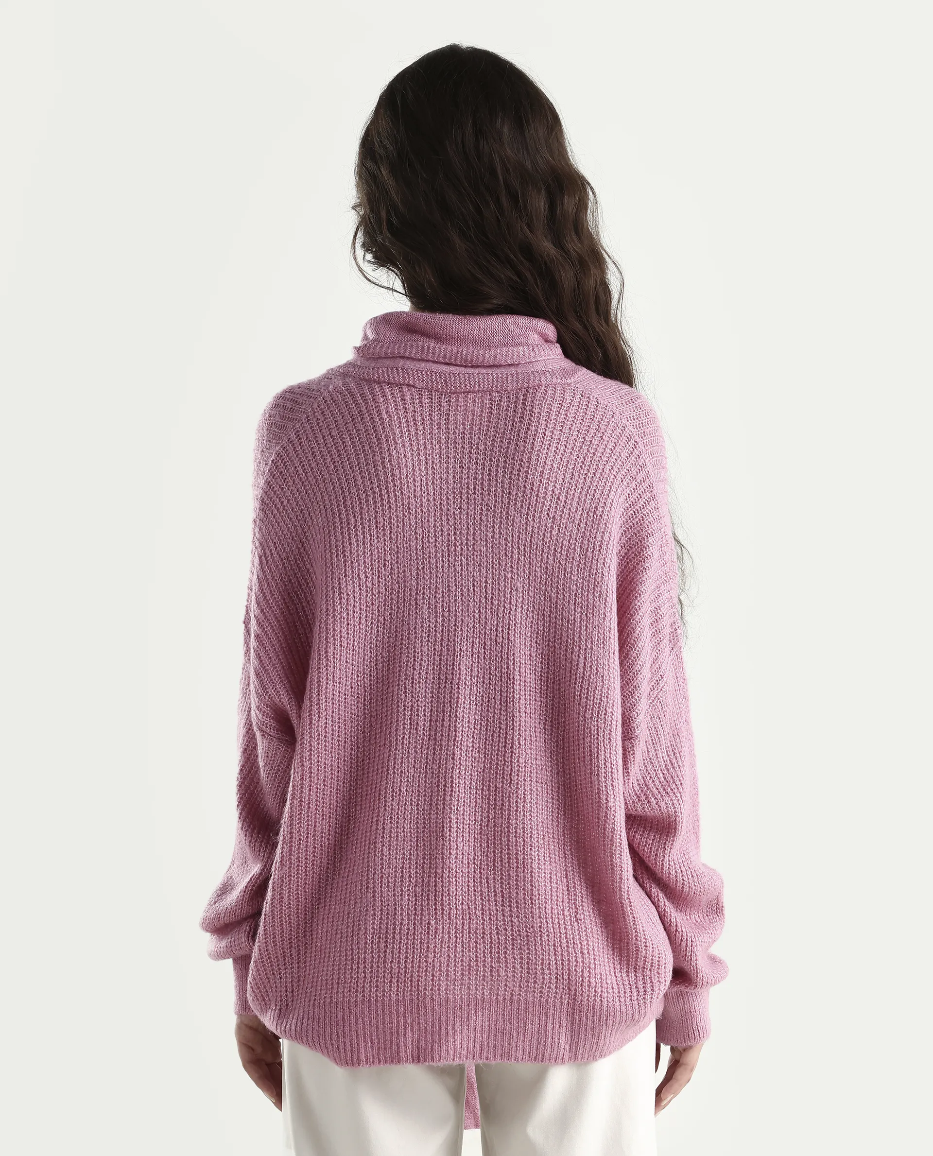 Rareism Women's Buzz Light Pink Acrylic Tie-Up Neck Plain Relaxed Fit Sweater - Image 7