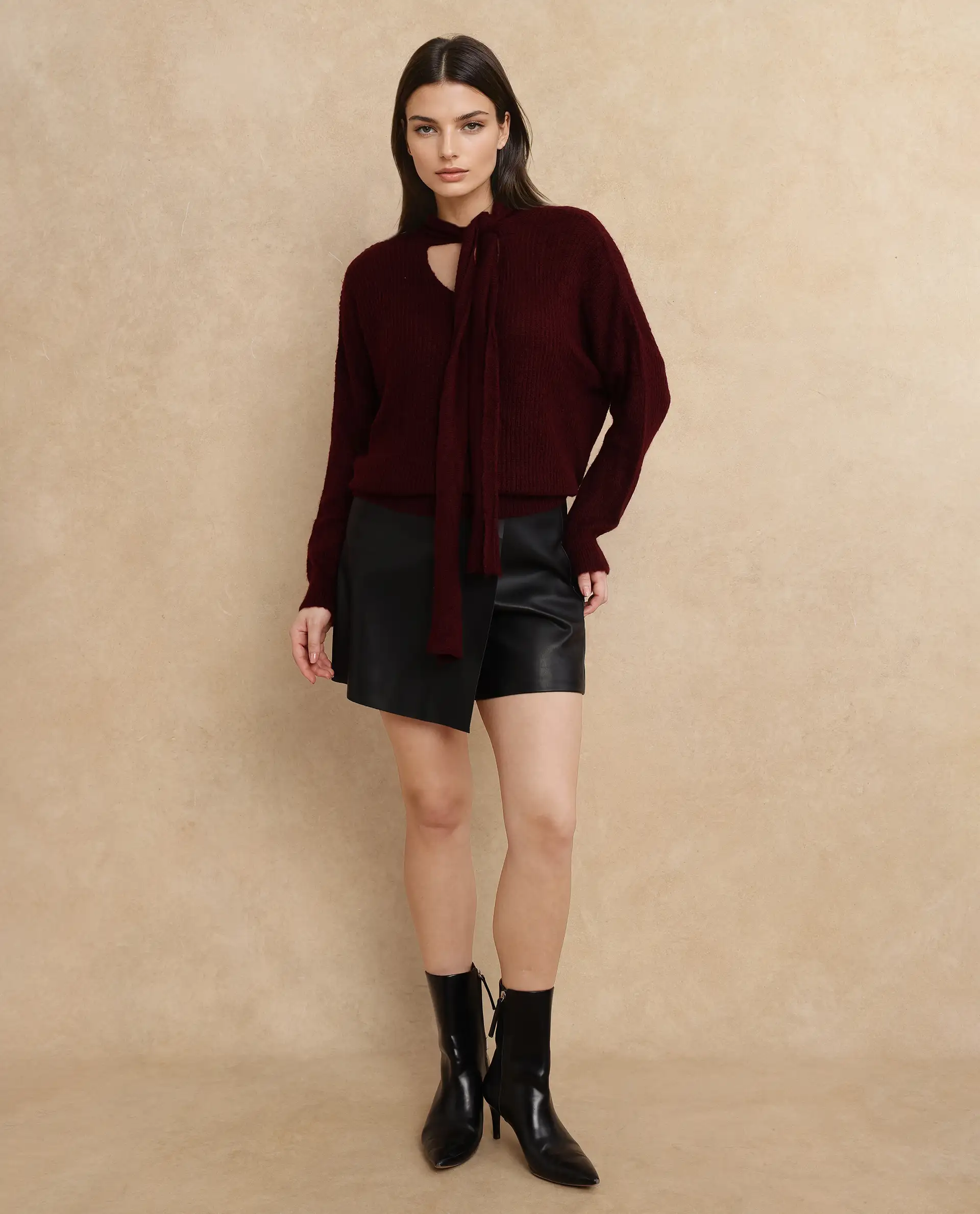 Rareism Women's Buzz Maroon Nylon Tie-Up Neck Plain Relaxed Fit Sweater - Image 2