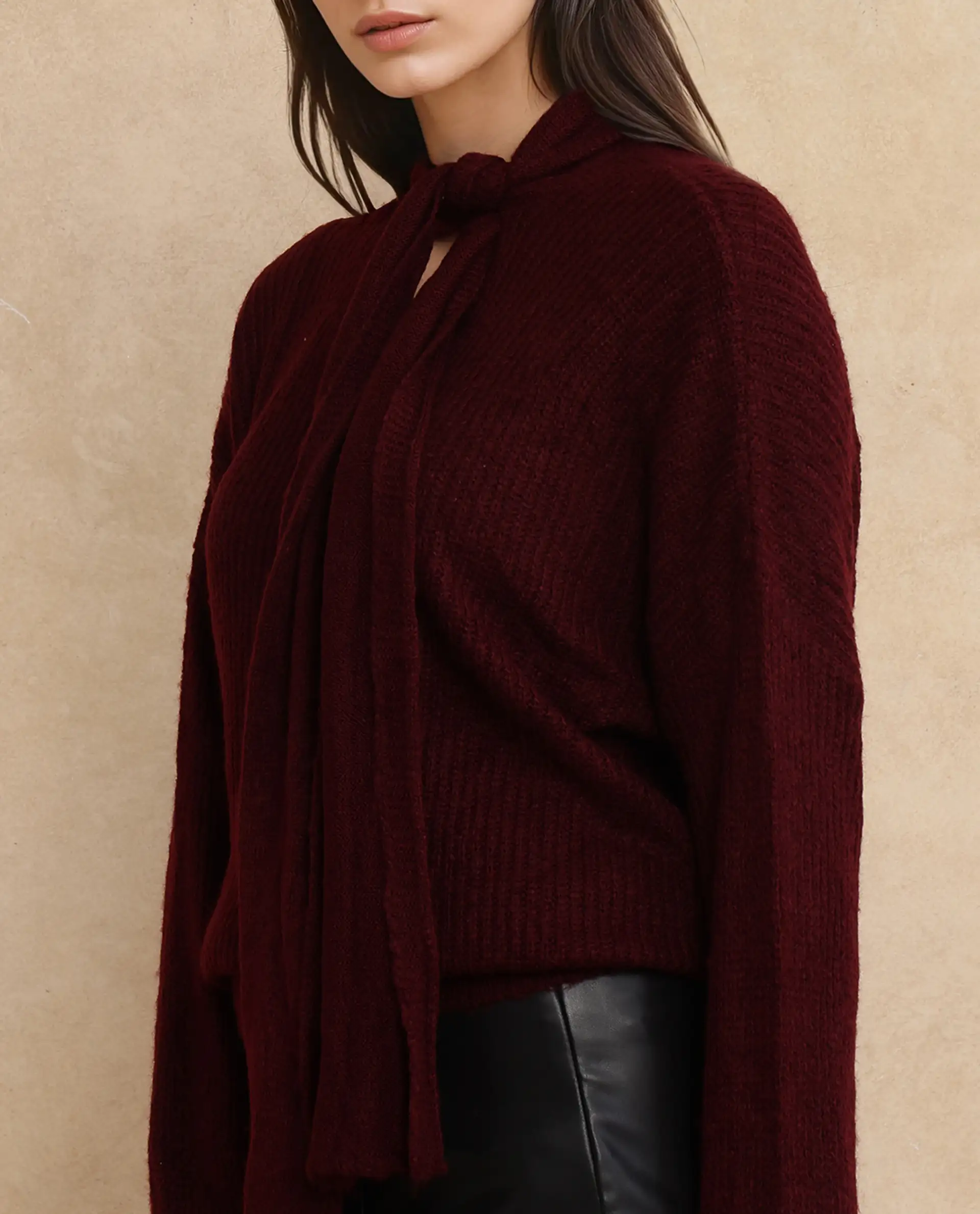 Rareism Women's Buzz Maroon Nylon Tie-Up Neck Plain Relaxed Fit Sweater - Image 3