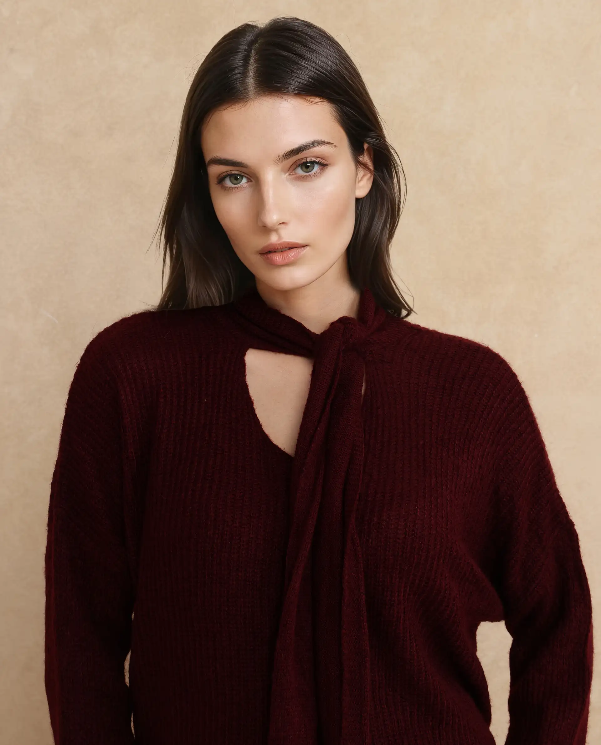 Rareism Women's Buzz Maroon Nylon Tie-Up Neck Plain Relaxed Fit Sweater - Image 4