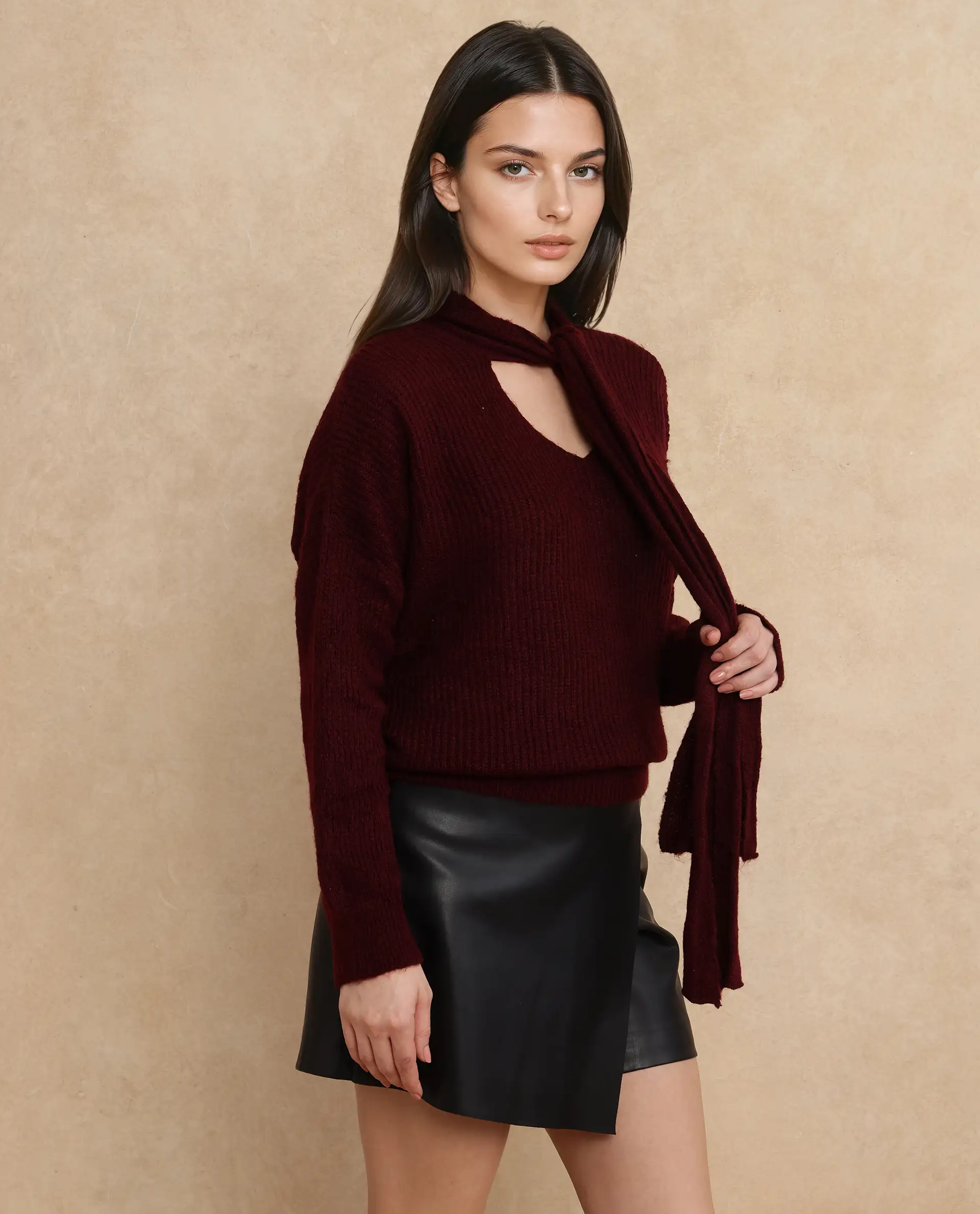 Rareism Women's Buzz Maroon Nylon Tie-Up Neck Plain Relaxed Fit Sweater - Image 5
