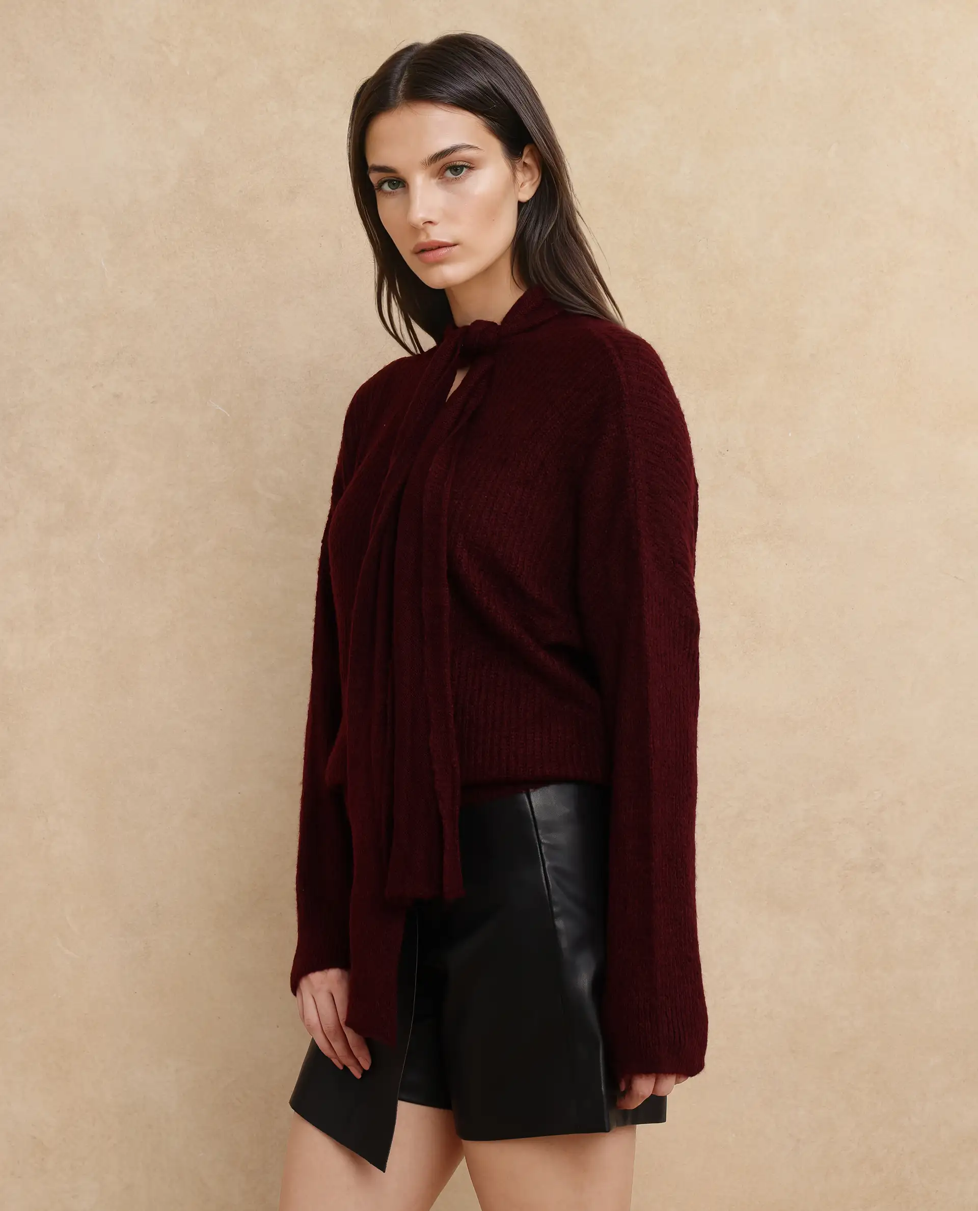 Rareism Women's Buzz Maroon Nylon Tie-Up Neck Plain Relaxed Fit Sweater - Image 6