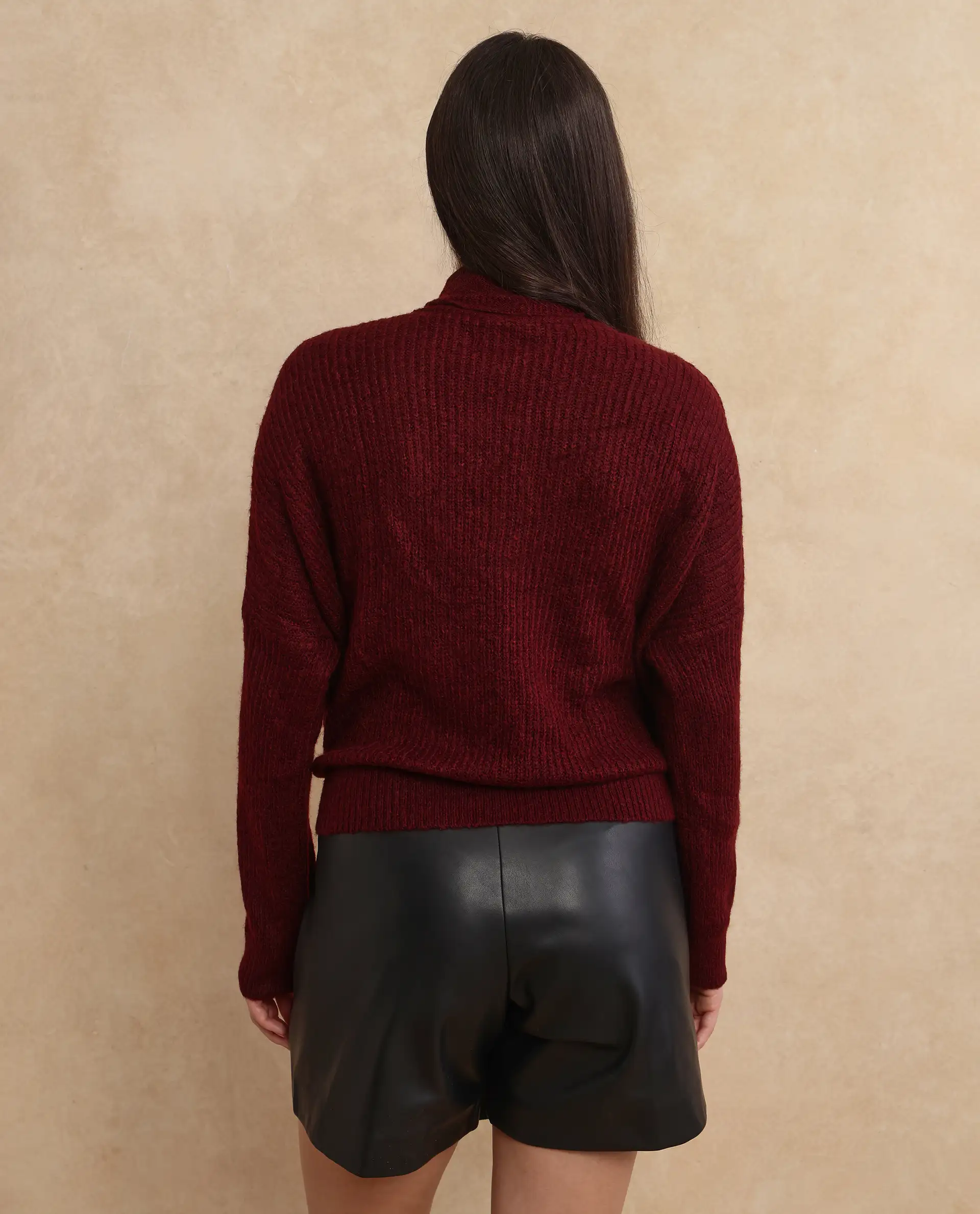 Rareism Women's Buzz Maroon Nylon Tie-Up Neck Plain Relaxed Fit Sweater - Image 7