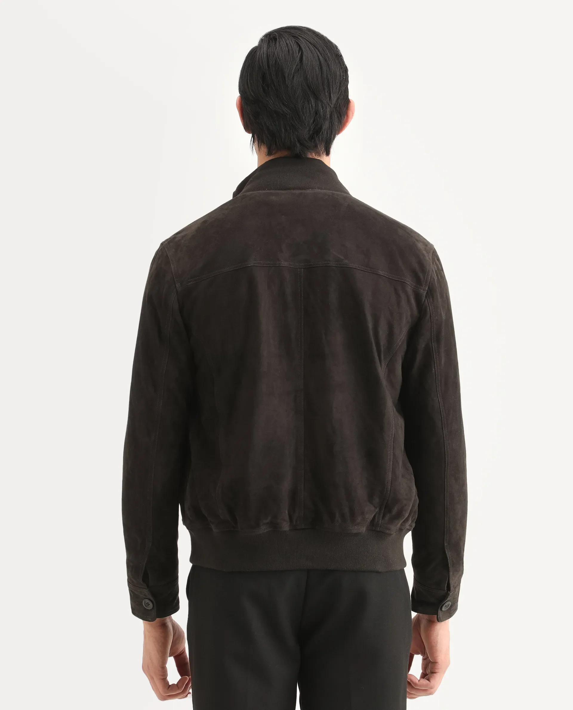 Rare Rabbit Men's Byron Brown Leather Fabric High Neck Ribbed Collar Regular Fit Plain Jacket - Image 10