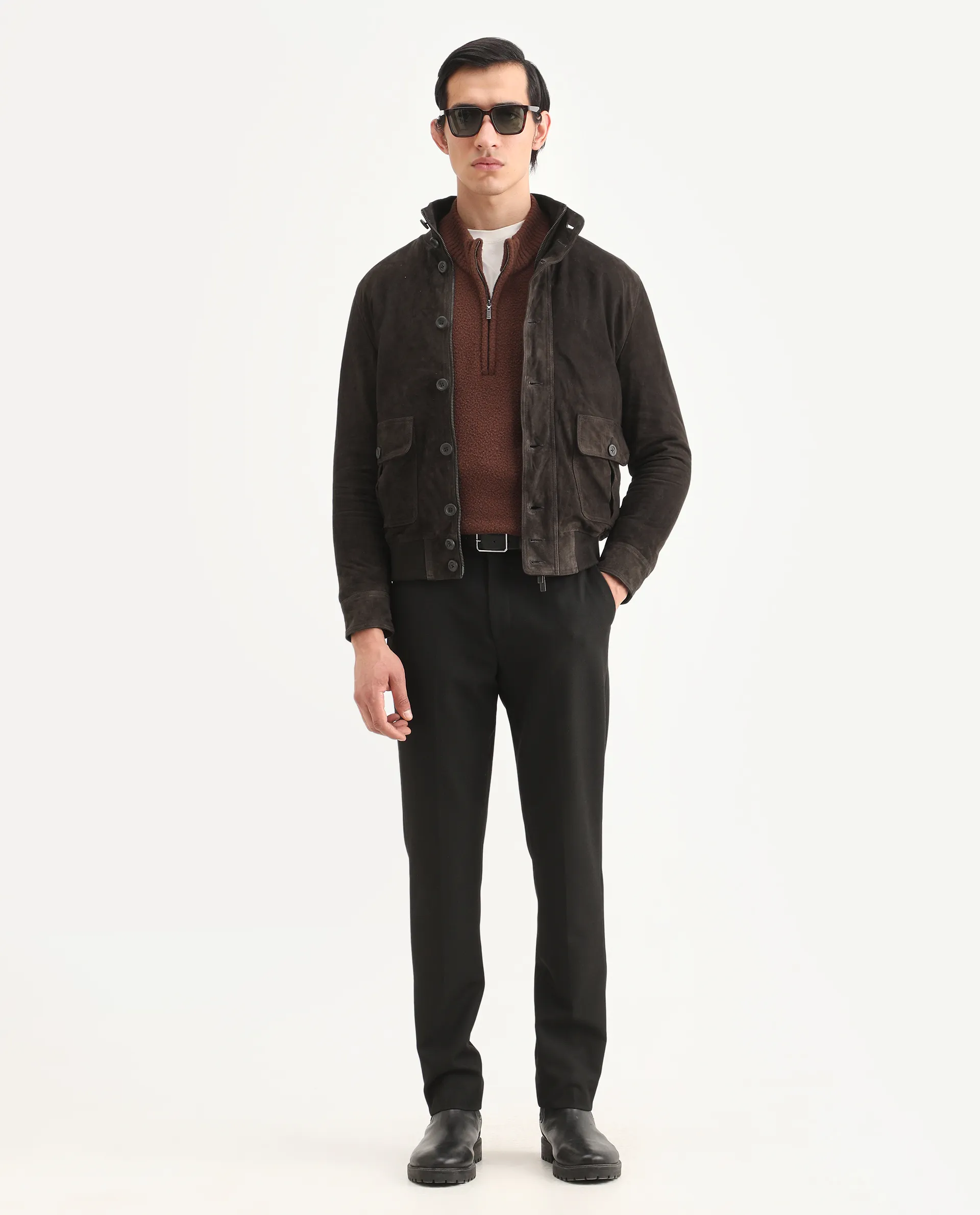 Rare Rabbit Men's Byron Brown Leather Fabric High Neck Ribbed Collar Regular Fit Plain Jacket - Image 2