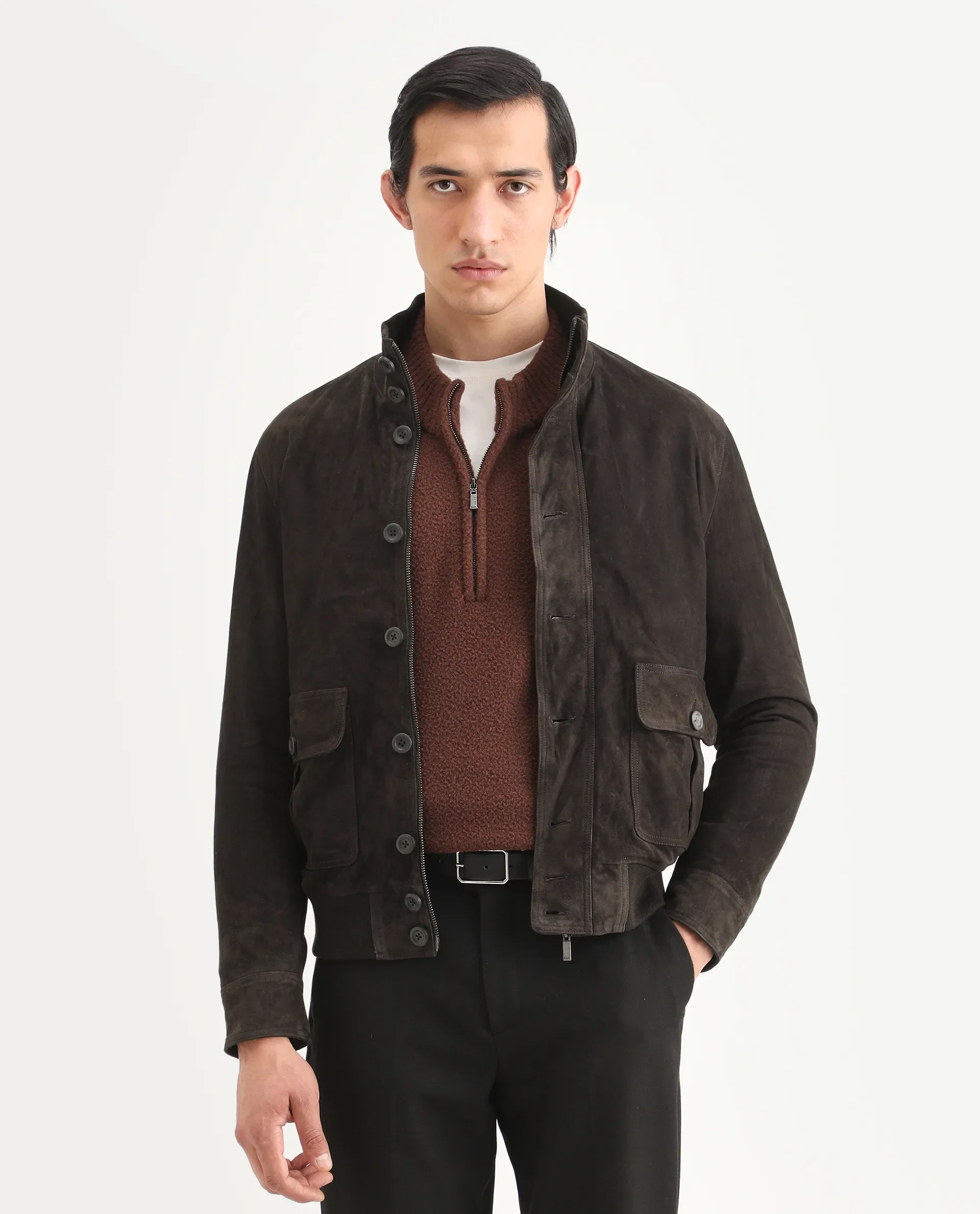 Rare Rabbit Men's Byron Brown Leather Fabric High Neck Ribbed Collar Regular Fit Plain Jacket - Image 3