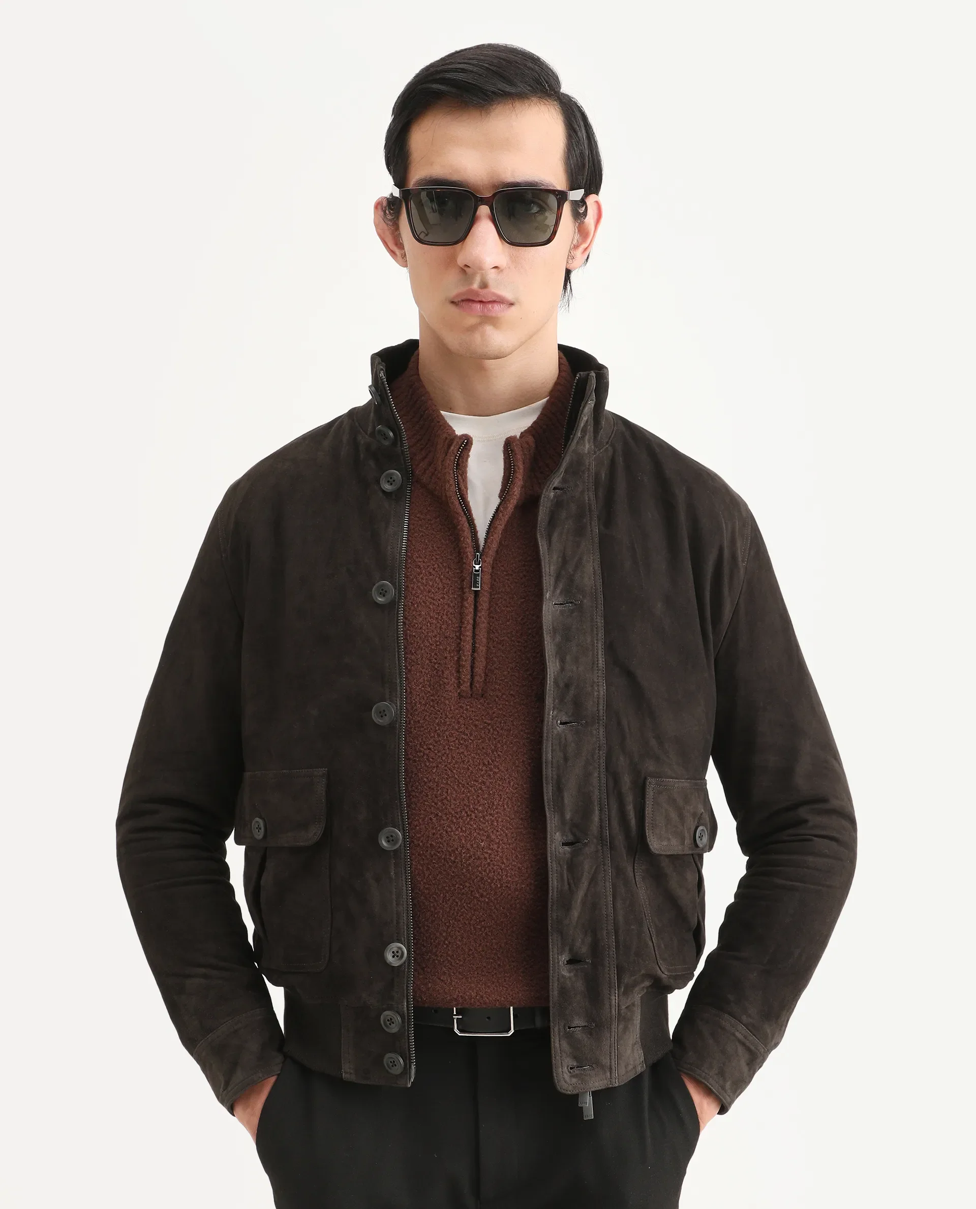 Rare Rabbit Men's Byron Brown Leather Fabric High Neck Ribbed Collar Regular Fit Plain Jacket - Image 4