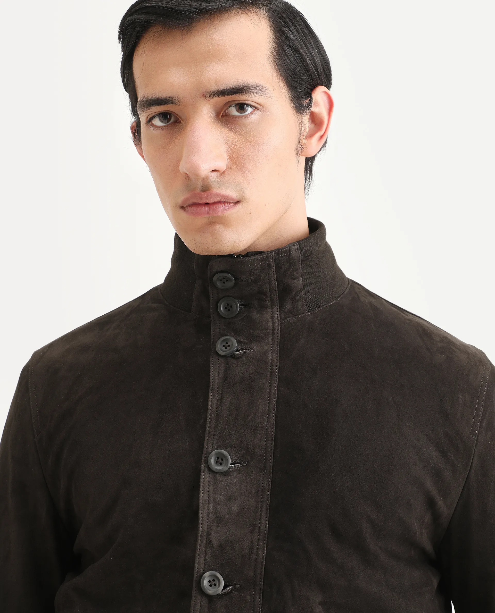 Rare Rabbit Men's Byron Brown Leather Fabric High Neck Ribbed Collar Regular Fit Plain Jacket - Image 5