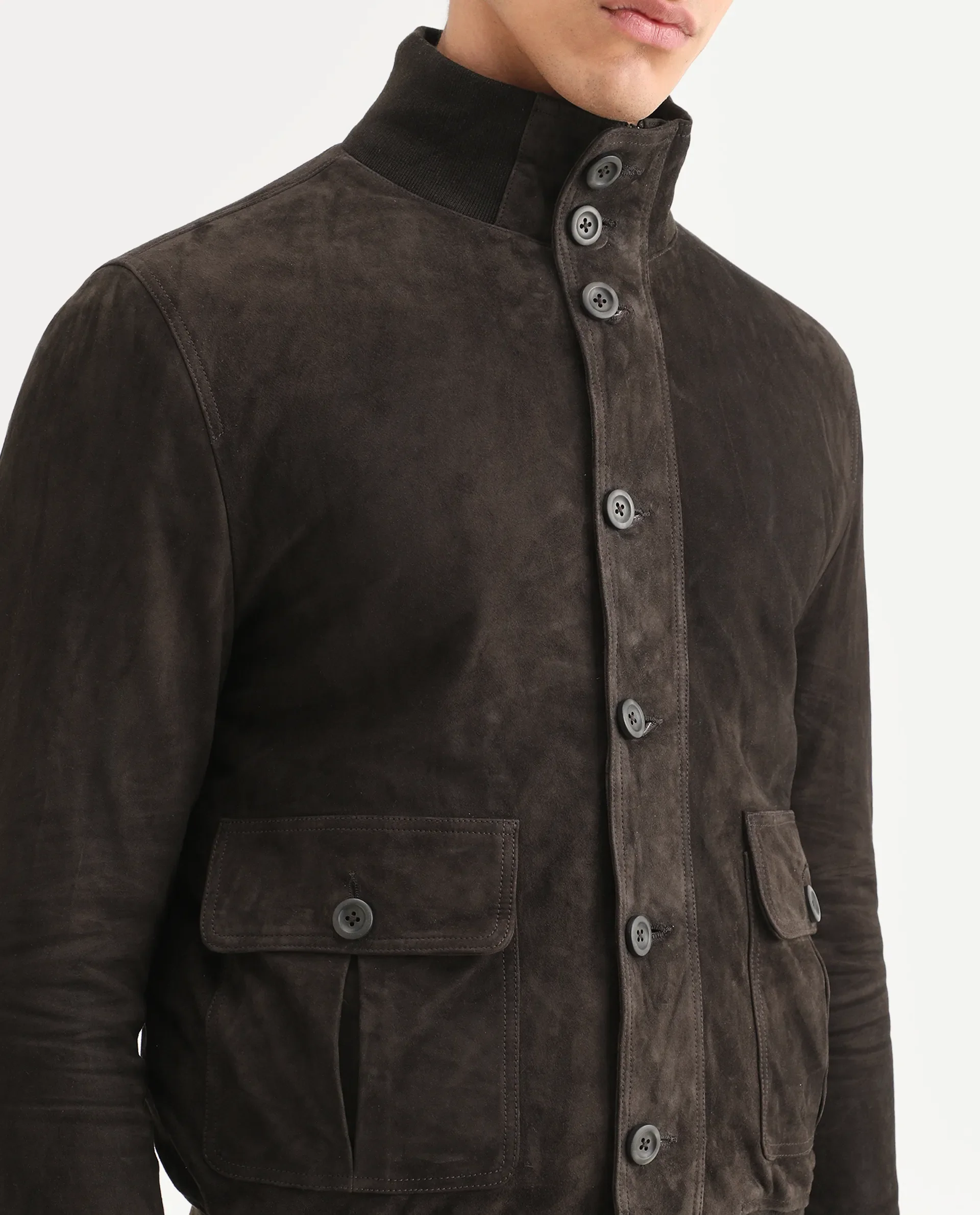 Rare Rabbit Men's Byron Brown Leather Fabric High Neck Ribbed Collar Regular Fit Plain Jacket - Image 6