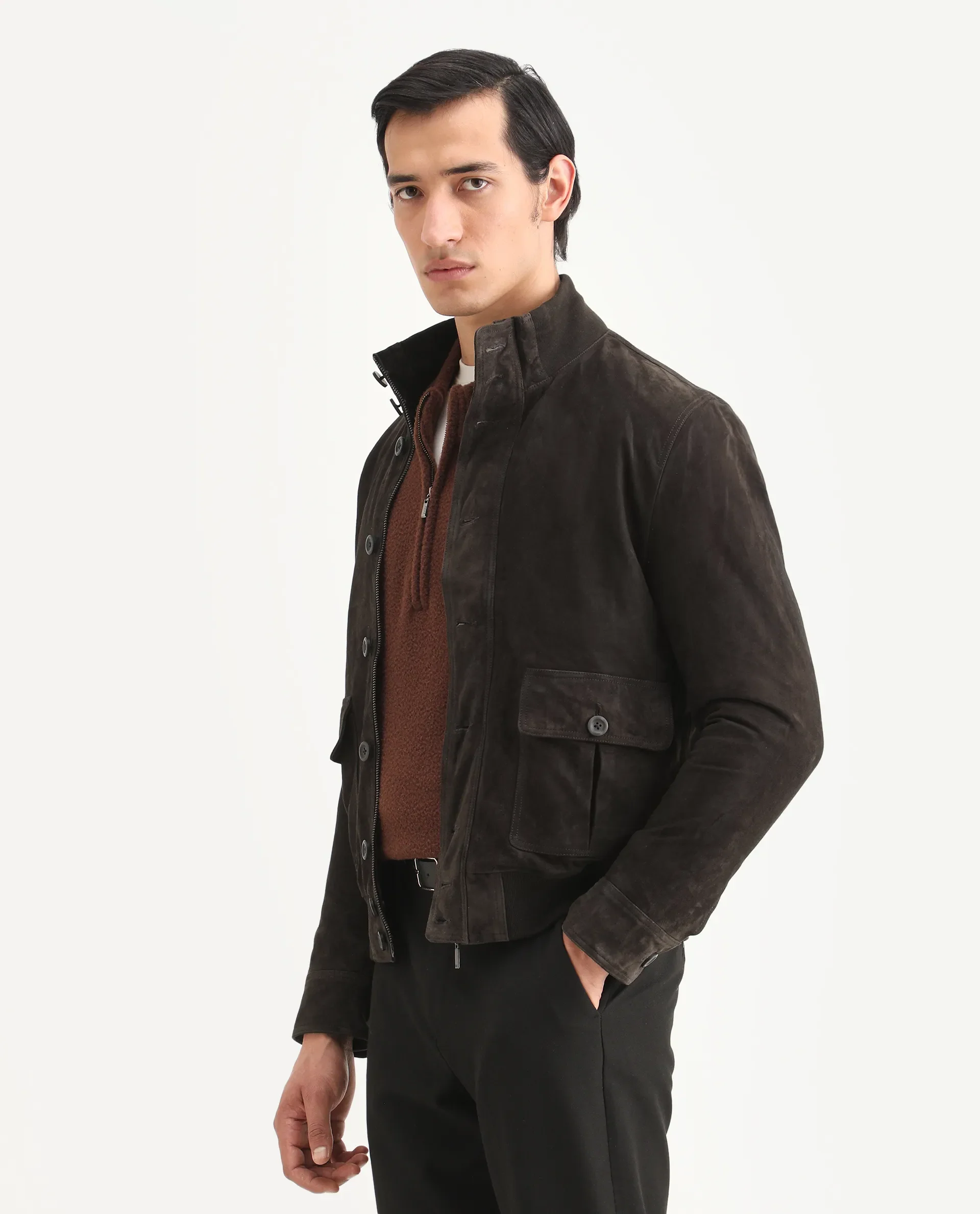 Rare Rabbit Men's Byron Brown Leather Fabric High Neck Ribbed Collar Regular Fit Plain Jacket - Image 8
