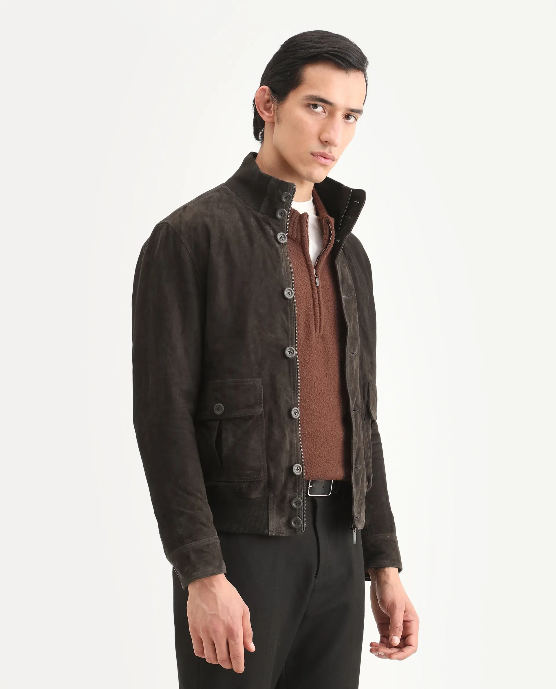 Rare Rabbit Men's Byron Brown Leather Fabric High Neck Ribbed Collar Regular Fit Plain Jacket - Image 9