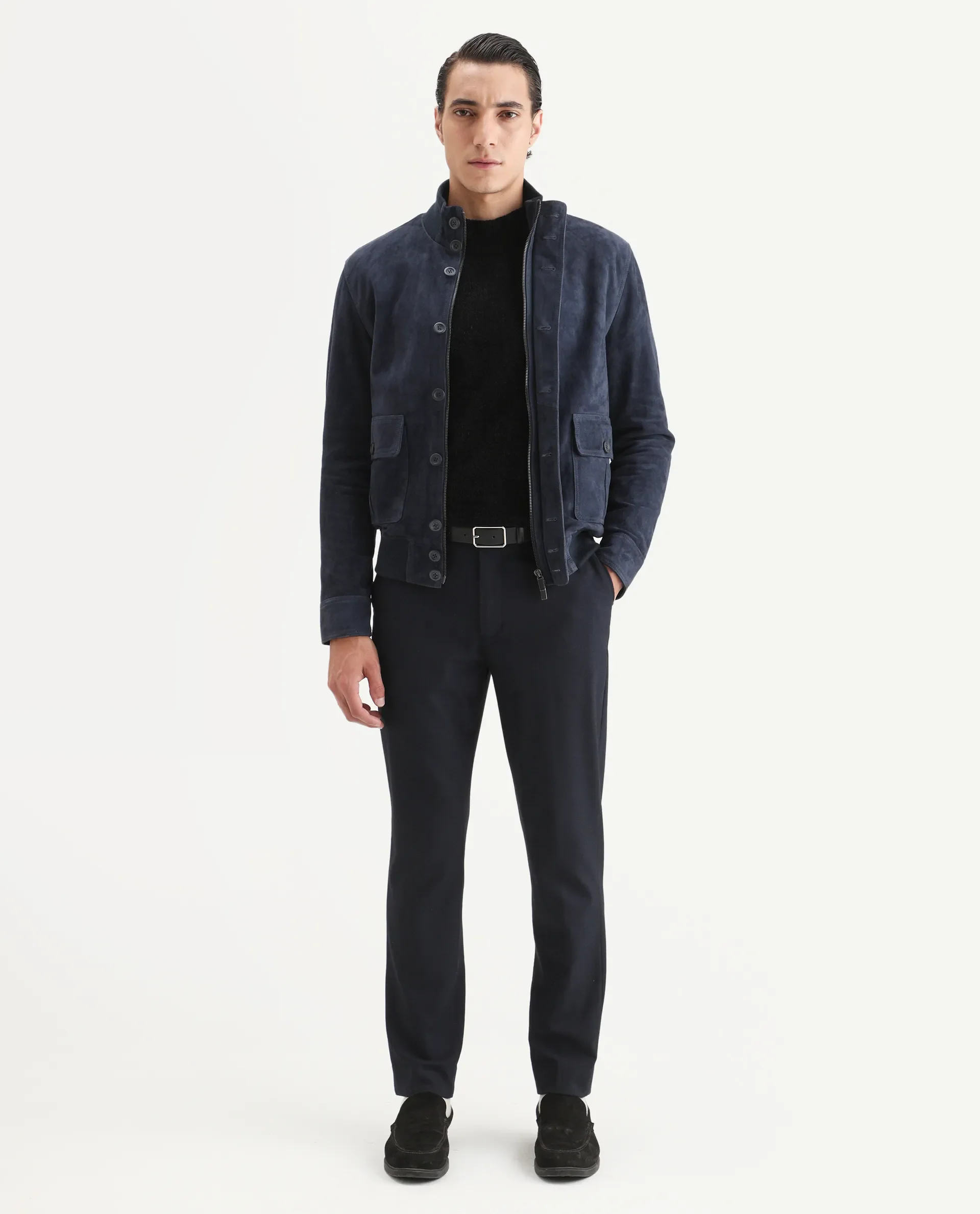 Rare Rabbit Men's Byron Navy Leather Fabric High Neck Ribbed Collar Regular Fit Plain Jacket - Image 2