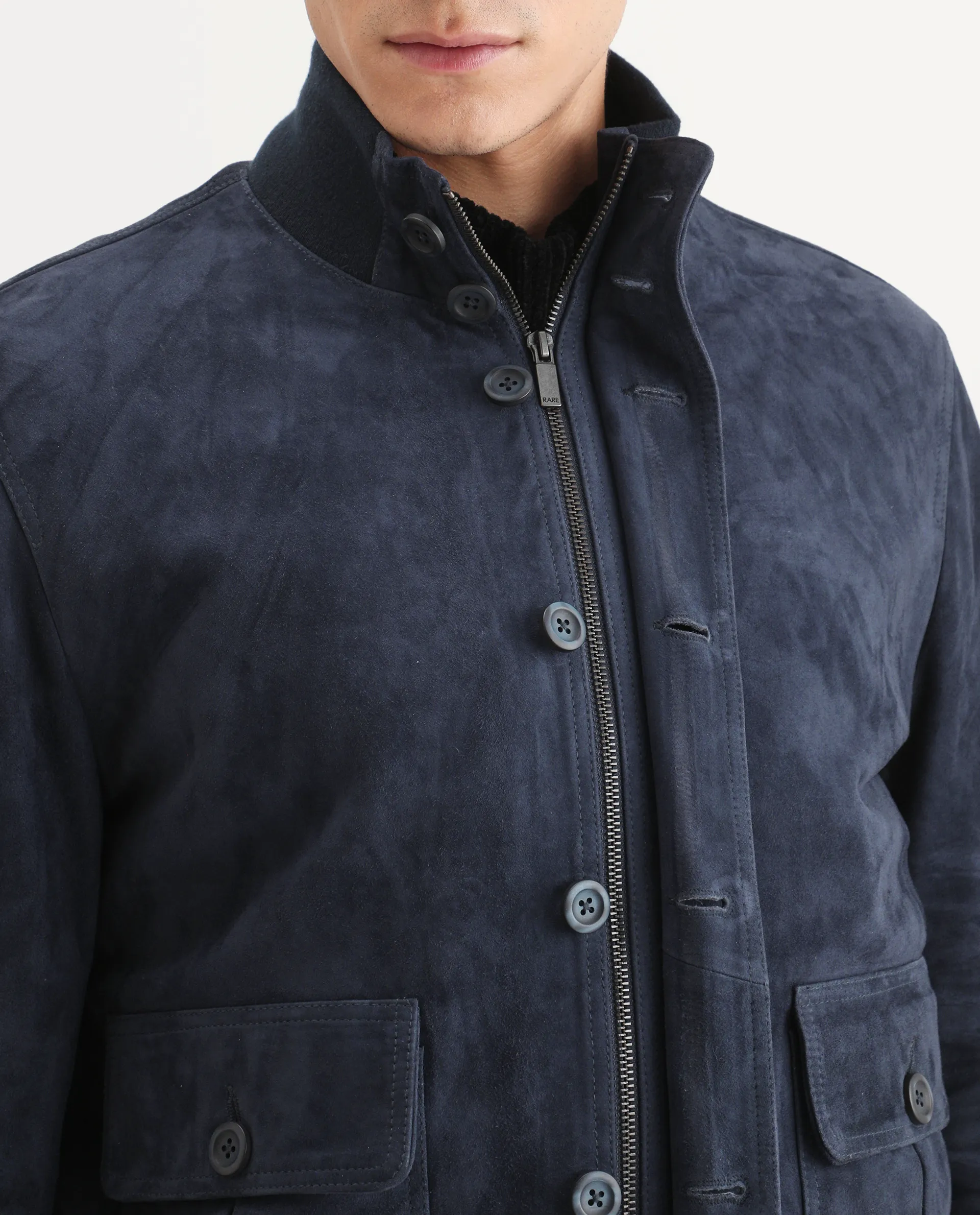 Rare Rabbit Men's Byron Navy Leather Fabric High Neck Ribbed Collar Regular Fit Plain Jacket - Image 3