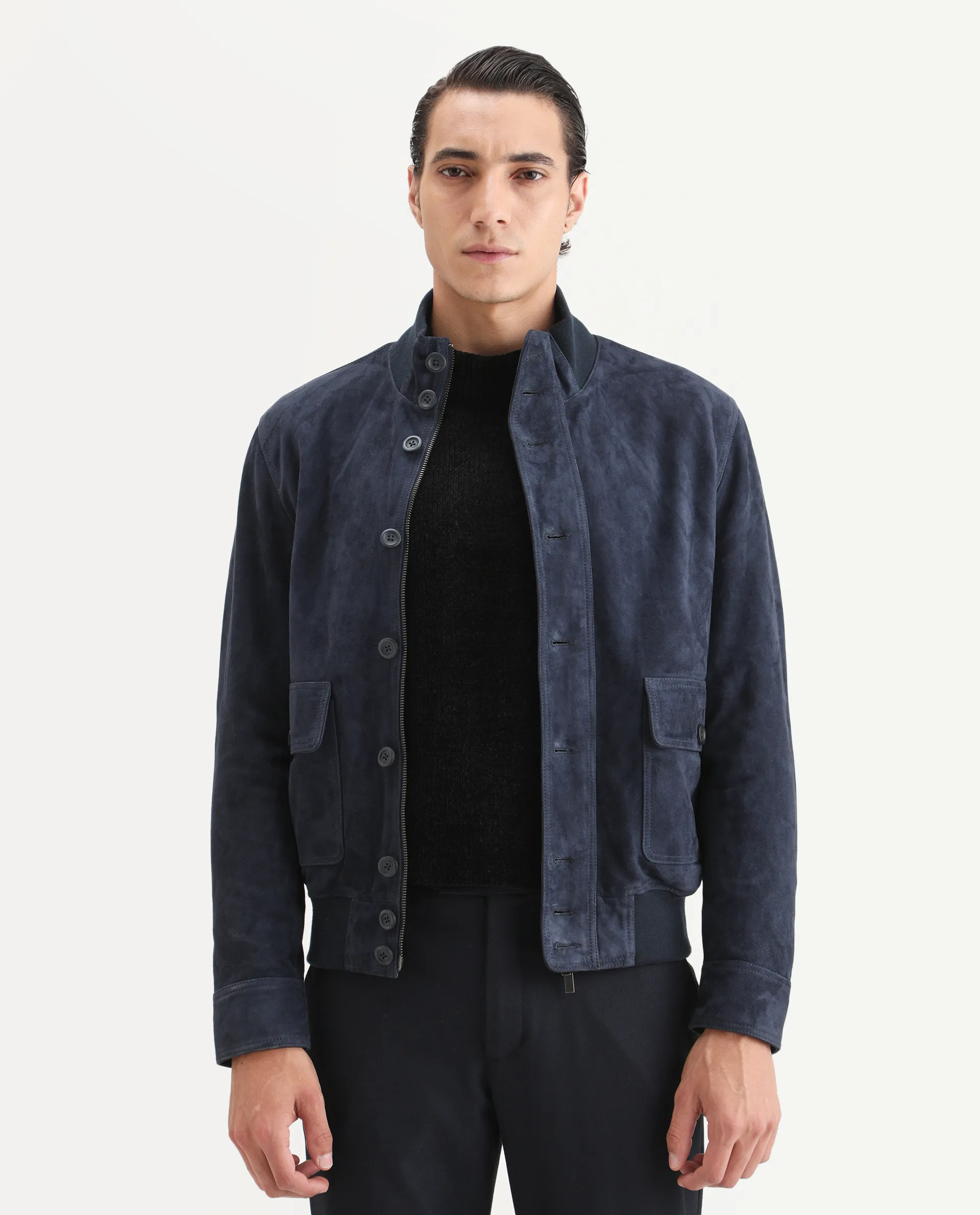 Rare Rabbit Men's Byron Navy Leather Fabric High Neck Ribbed Collar Regular Fit Plain Jacket - Image 4