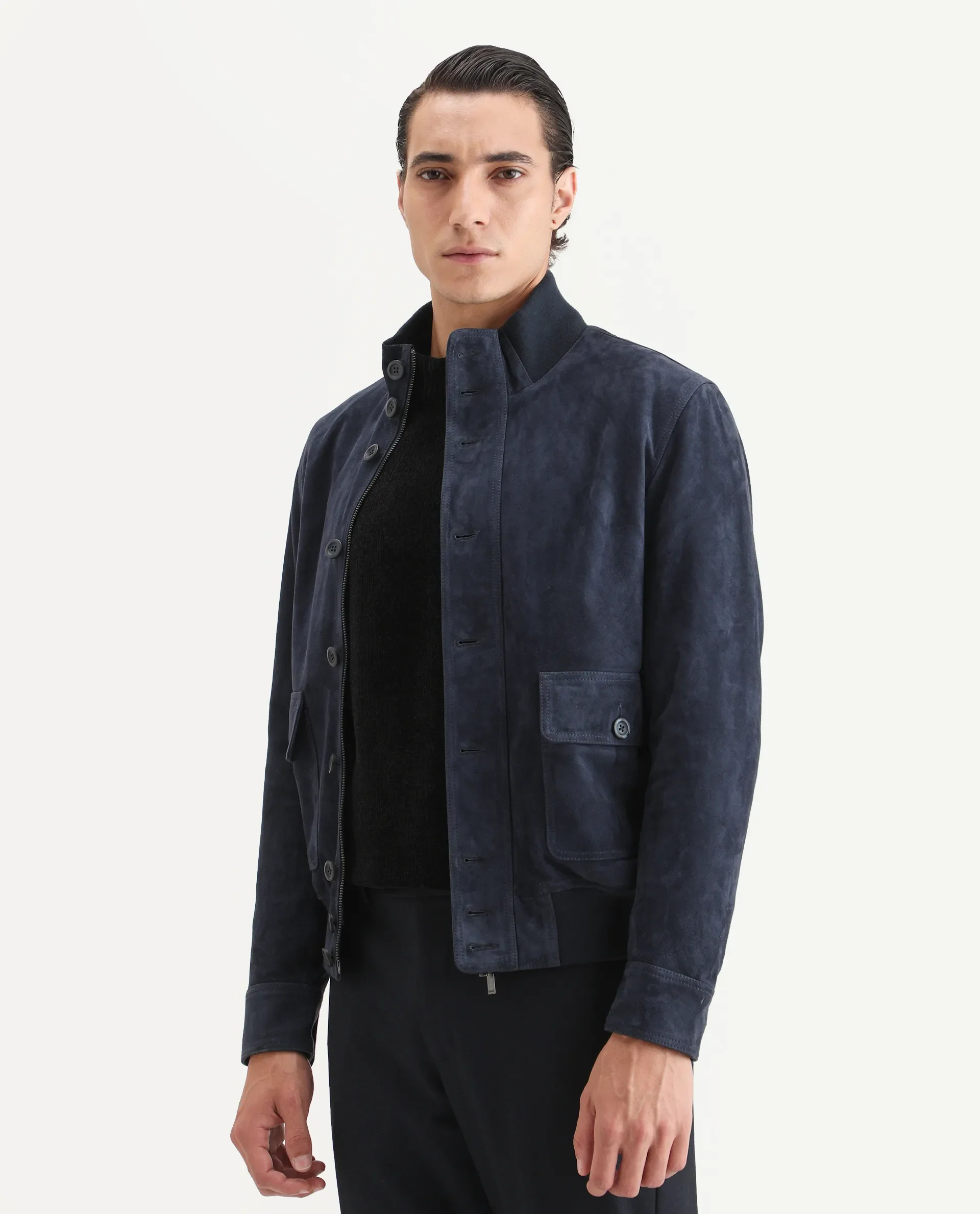 Rare Rabbit Men's Byron Navy Leather Fabric High Neck Ribbed Collar Regular Fit Plain Jacket - Image 5