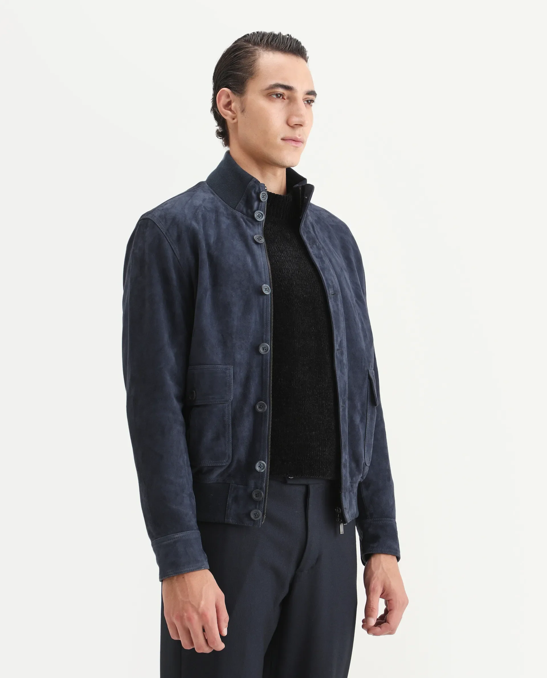Rare Rabbit Men's Byron Navy Leather Fabric High Neck Ribbed Collar Regular Fit Plain Jacket - Image 6