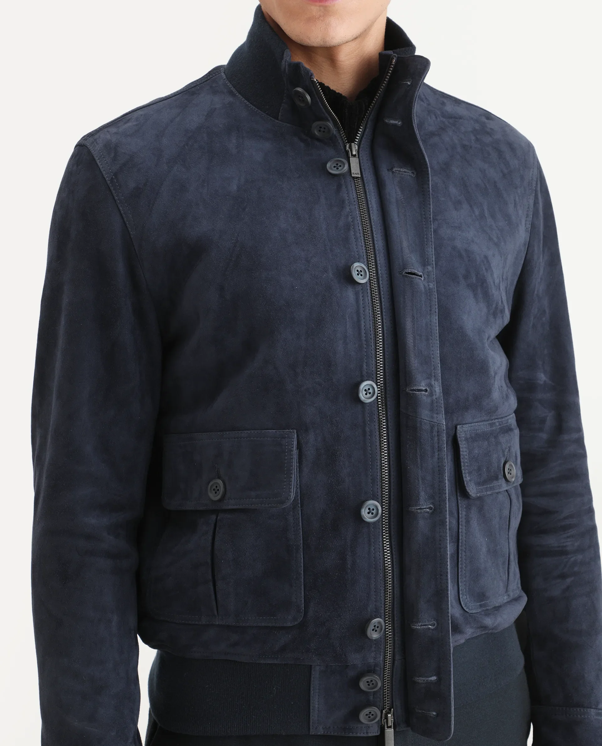 Rare Rabbit Men's Byron Navy Leather Fabric High Neck Ribbed Collar Regular Fit Plain Jacket - Image 7