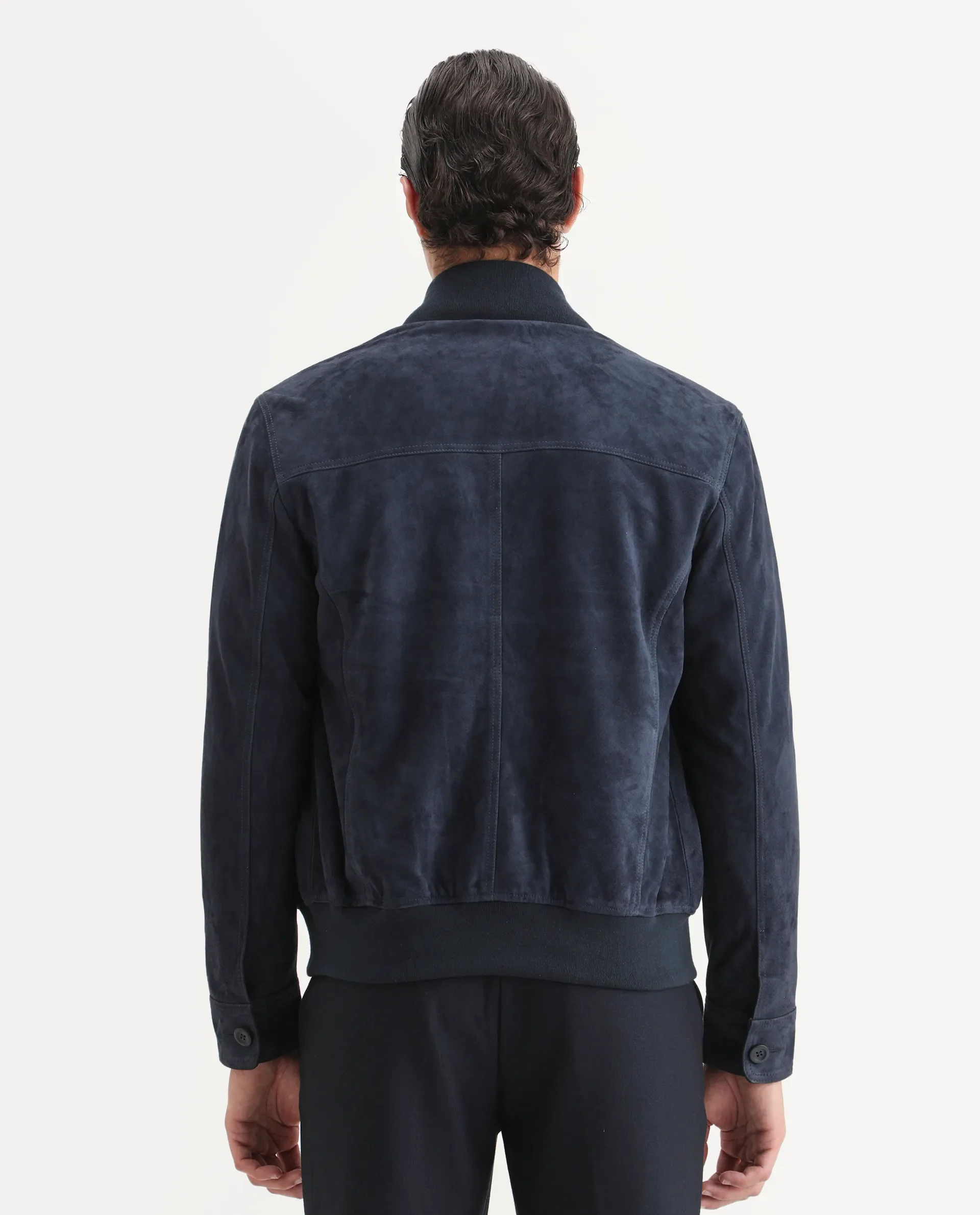 Rare Rabbit Men's Byron Navy Leather Fabric High Neck Ribbed Collar Regular Fit Plain Jacket - Image 8
