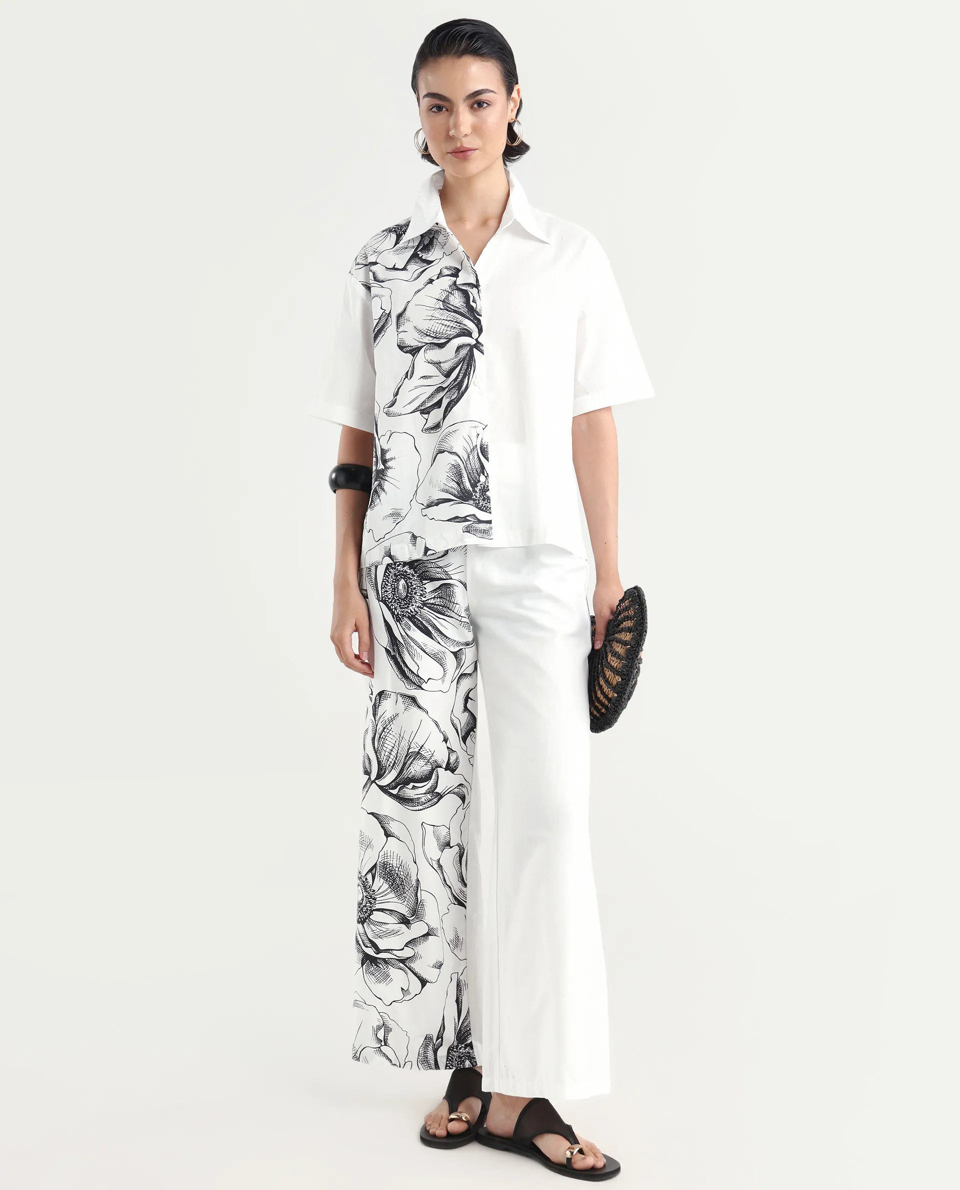 Rareism Women's Byvul White Cotton Spread Collar Floral Print Boxy Fit Shirt - Image 2