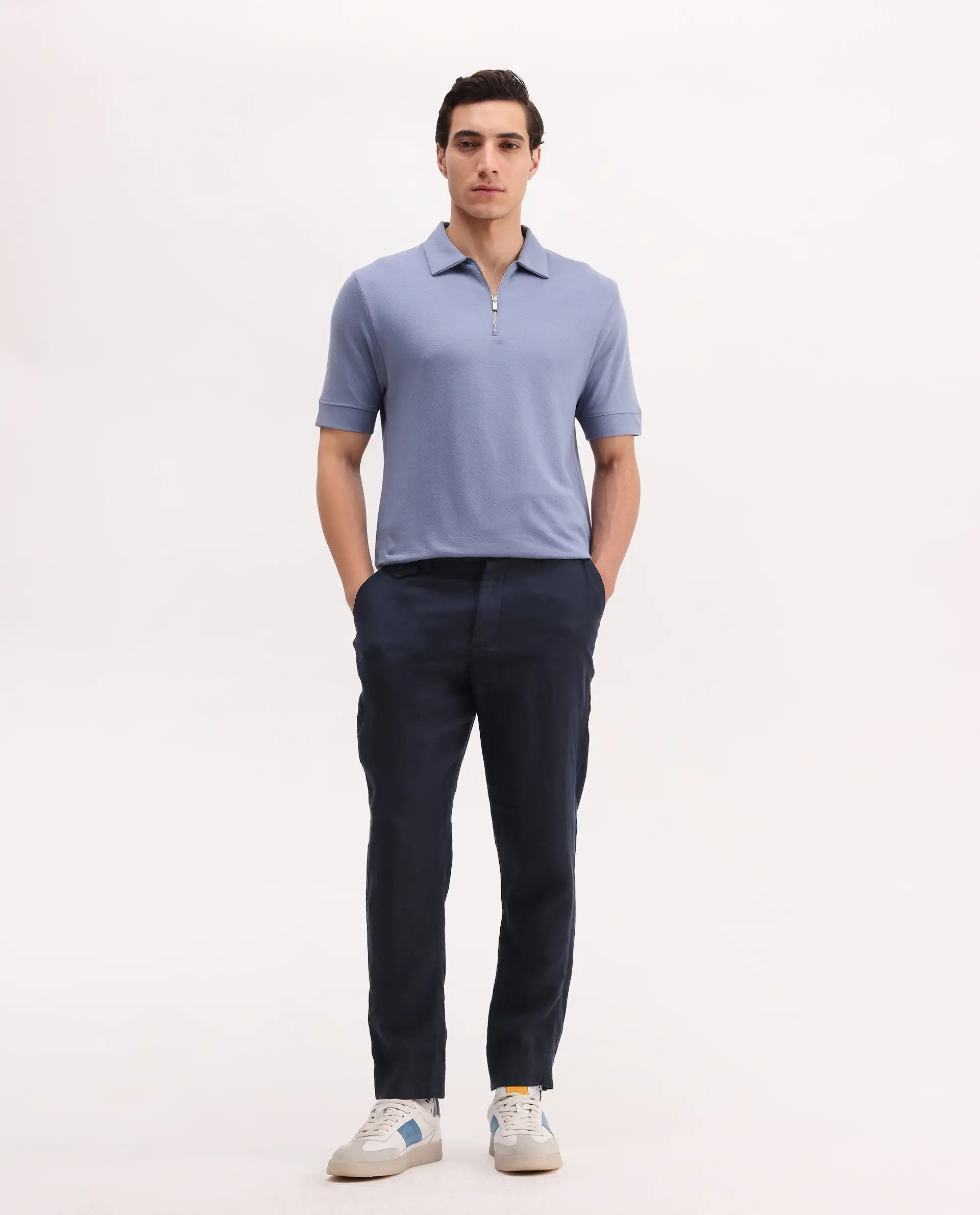 Rare Rabbit Men's Cabe-1 Dusky Blue Cotton Jacquard Regular Fit Half Sleeve Polo - Image 2