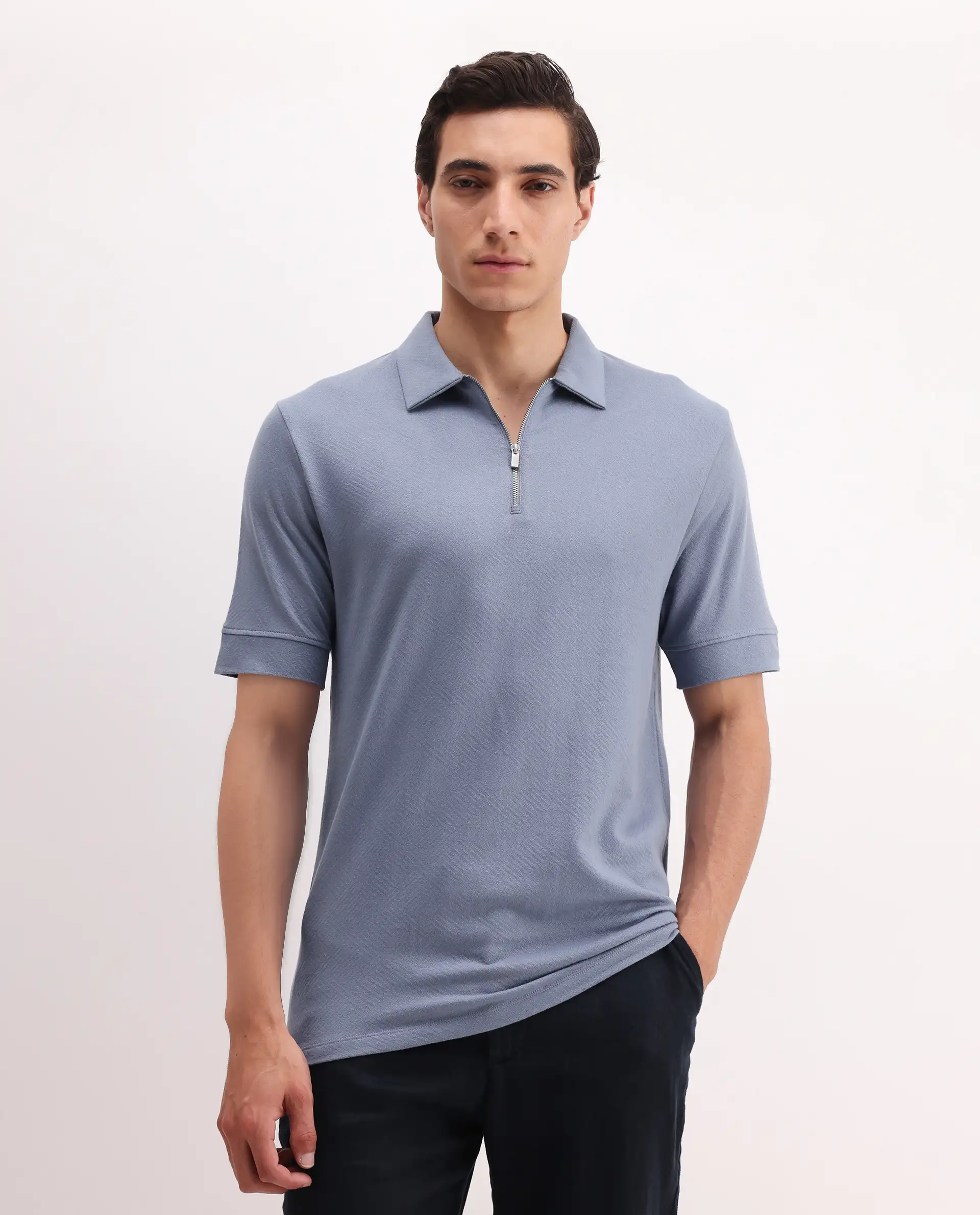 Rare Rabbit Men's Cabe-1 Dusky Blue Cotton Jacquard Regular Fit Half Sleeve Polo - Image 3