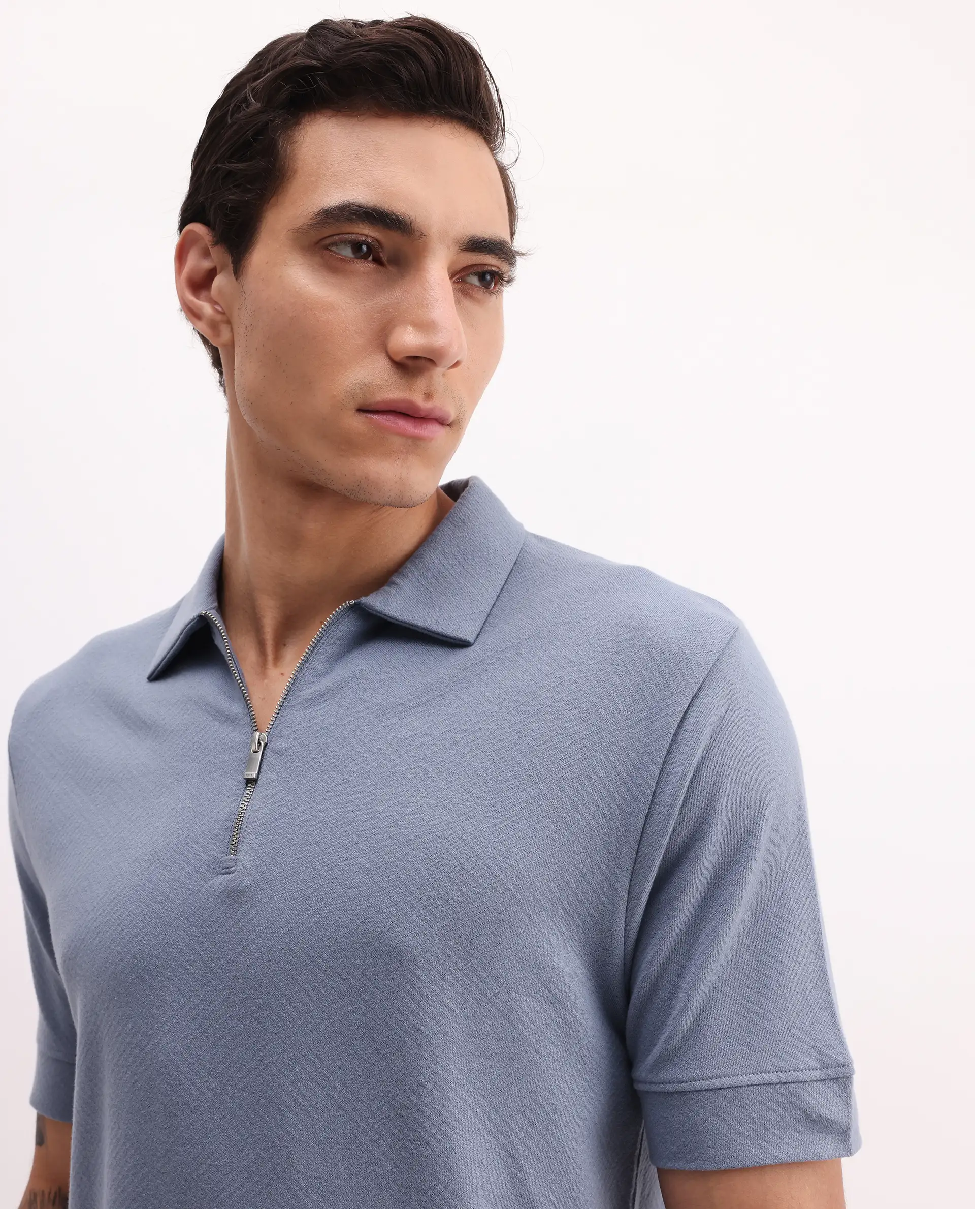 Rare Rabbit Men's Cabe-1 Dusky Blue Cotton Jacquard Regular Fit Half Sleeve Polo - Image 4