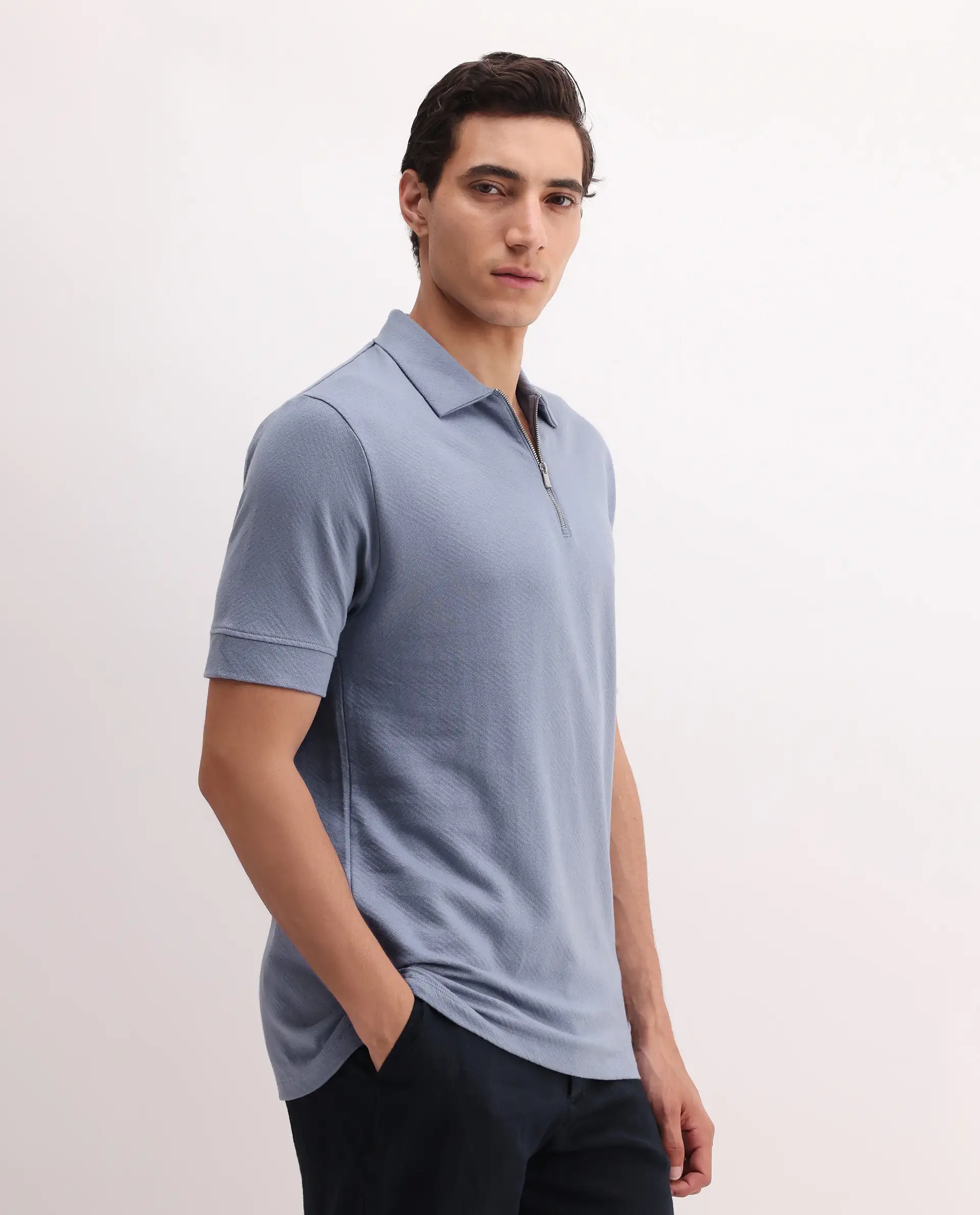Rare Rabbit Men's Cabe-1 Dusky Blue Cotton Jacquard Regular Fit Half Sleeve Polo - Image 5