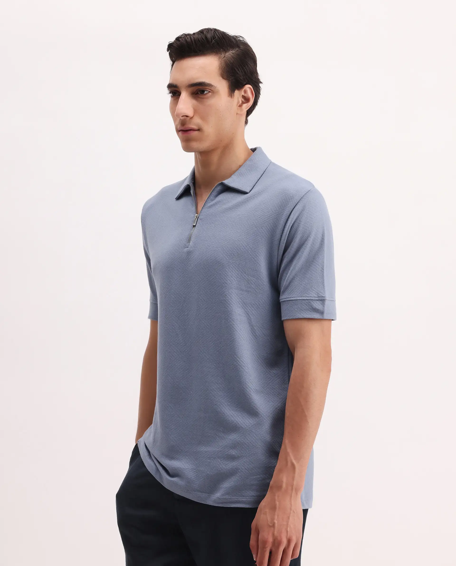 Rare Rabbit Men's Cabe-1 Dusky Blue Cotton Jacquard Regular Fit Half Sleeve Polo - Image 6