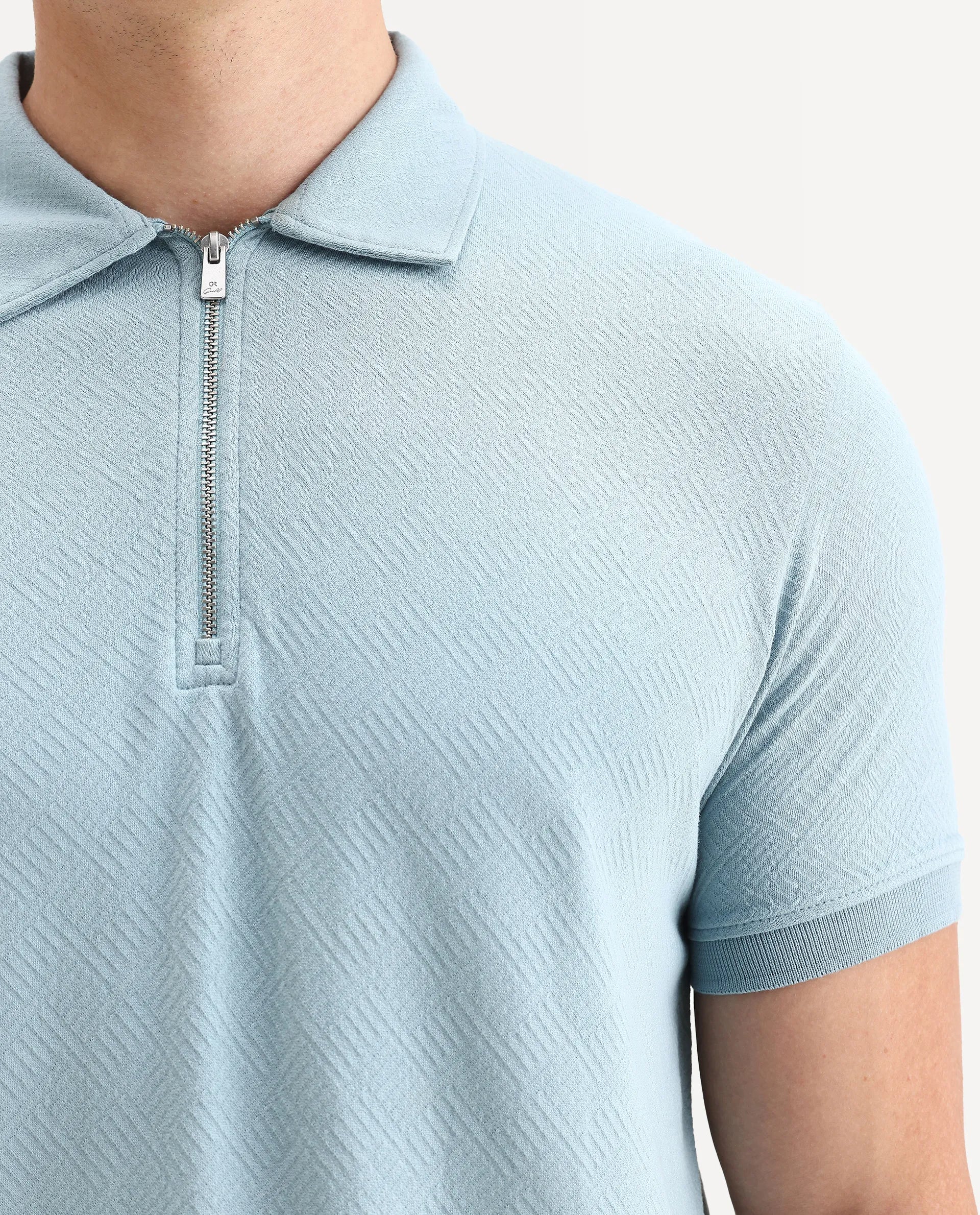 Rare Rabbit Men's Cabe Light Blue Cotton Jacquard Regular Fit Half Sleeve Polo - Image 3