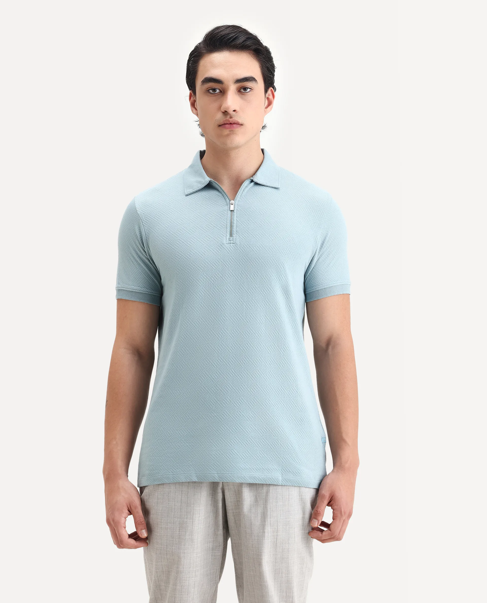 Rare Rabbit Men's Cabe Light Blue Cotton Jacquard Regular Fit Half Sleeve Polo - Image 4