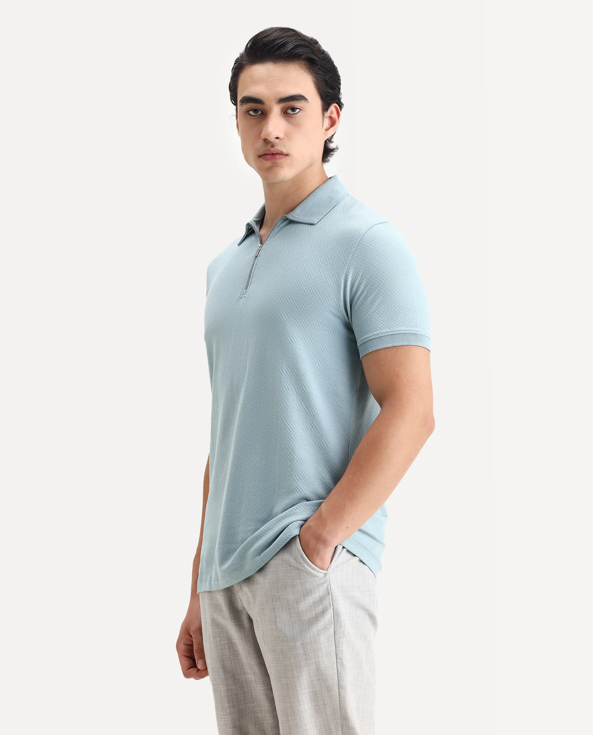 Rare Rabbit Men's Cabe Light Blue Cotton Jacquard Regular Fit Half Sleeve Polo - Image 5