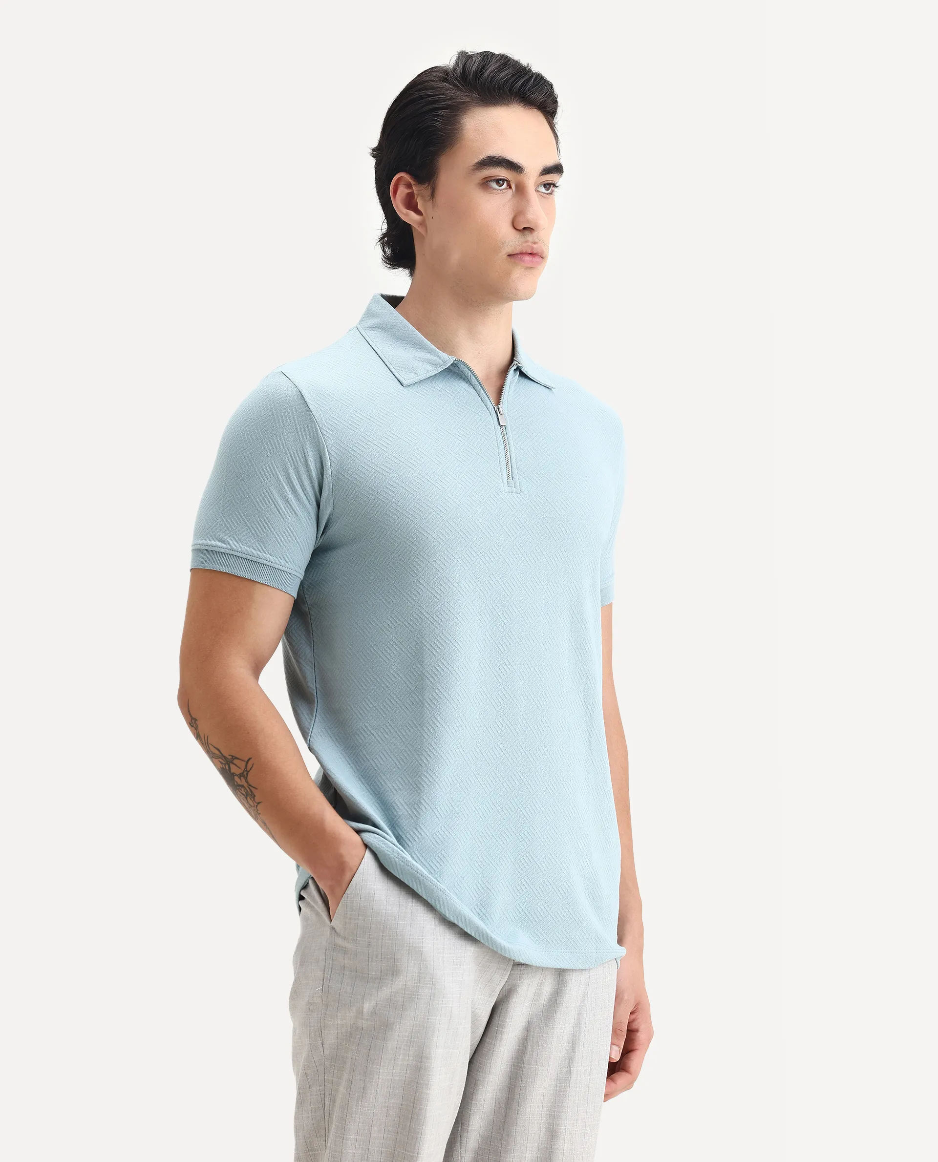 Rare Rabbit Men's Cabe Light Blue Cotton Jacquard Regular Fit Half Sleeve Polo - Image 6