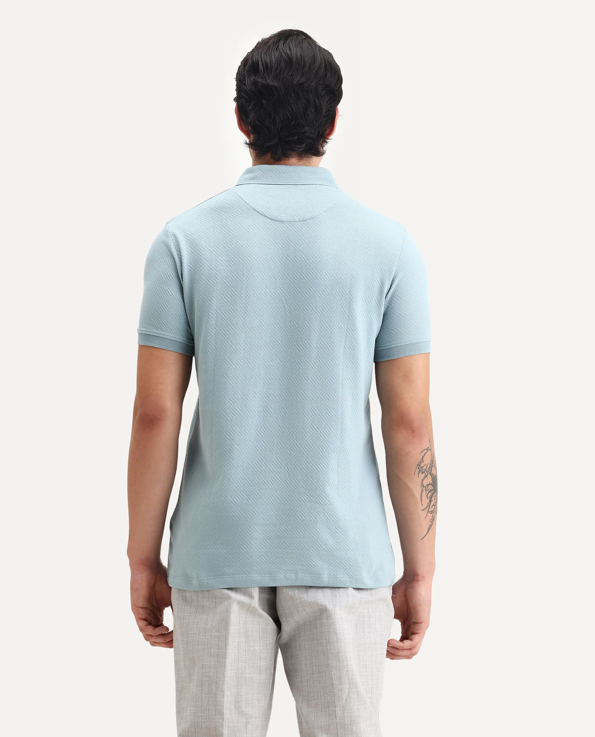 Rare Rabbit Men's Cabe Light Blue Cotton Jacquard Regular Fit Half Sleeve Polo - Image 7