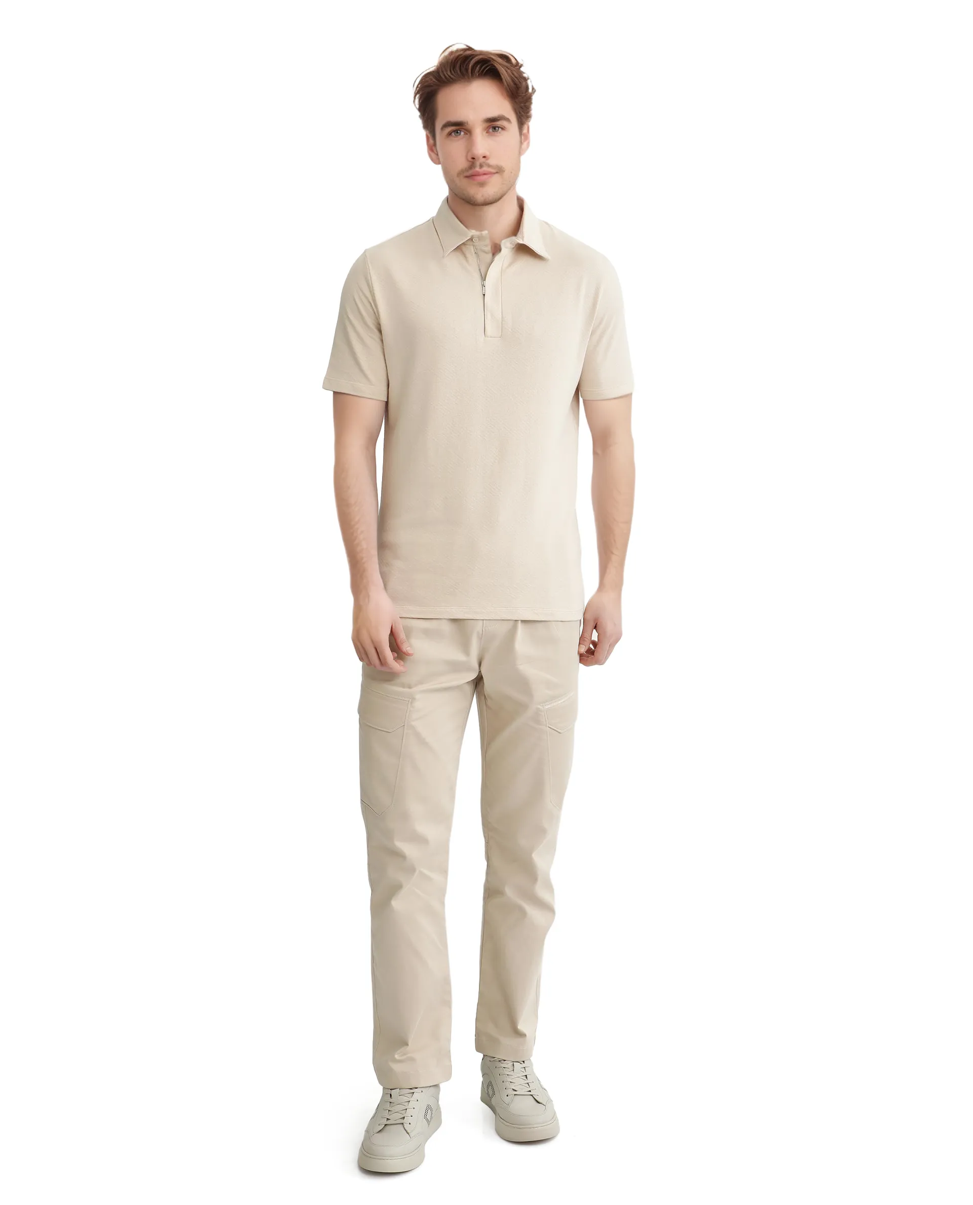 Rare Rabbit Men's Cabe-1 Light Beige Cotton Jacquard Regular Fit Half Sleeve Polo - Image 2