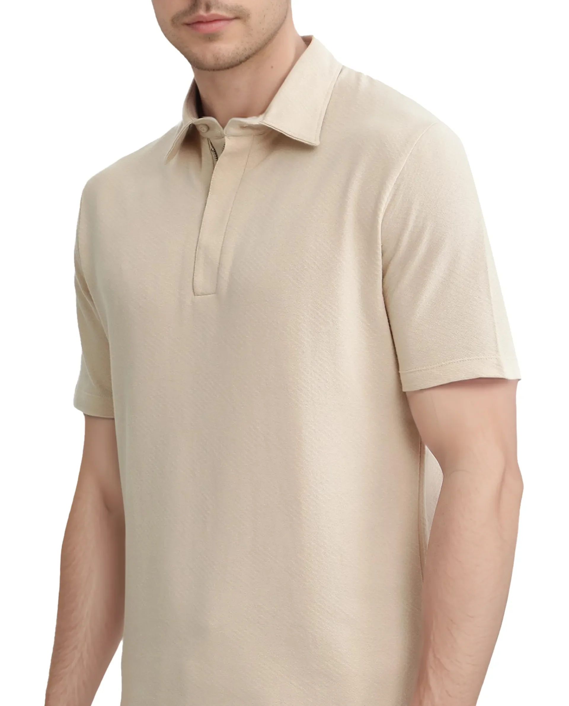 Rare Rabbit Men's Cabe-1 Light Beige Cotton Jacquard Regular Fit Half Sleeve Polo - Image 3